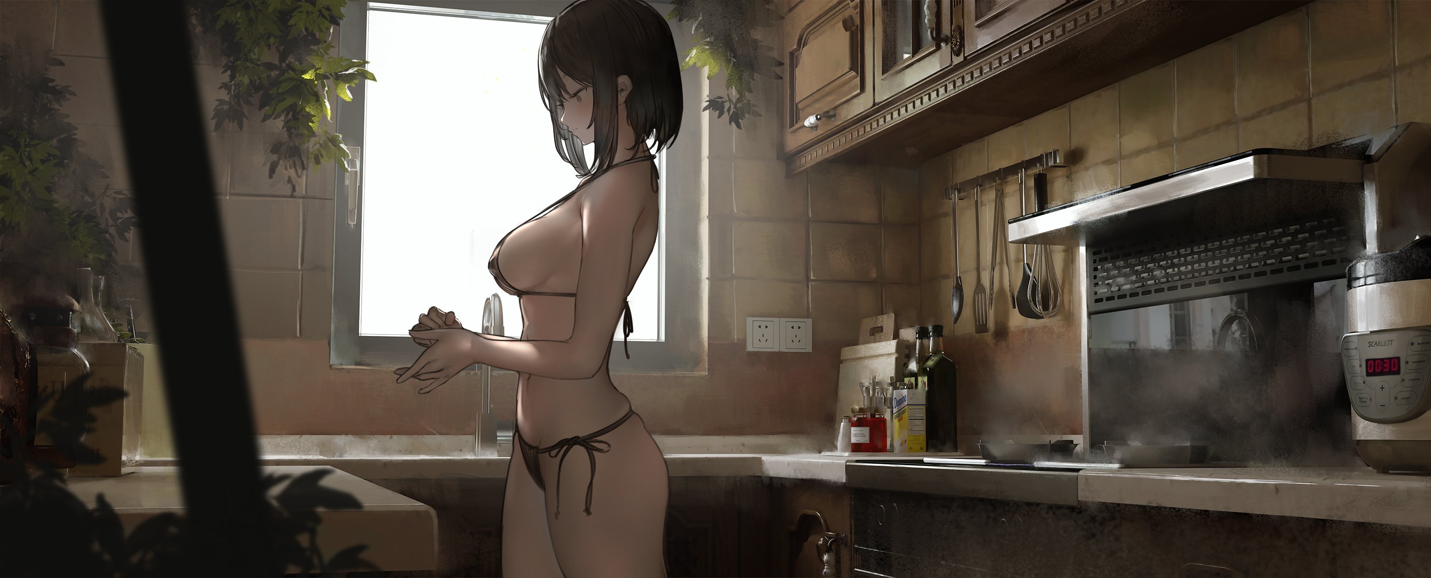 Anime 2924x1182 Renatus Z anime anime girls bikini kitchen standing