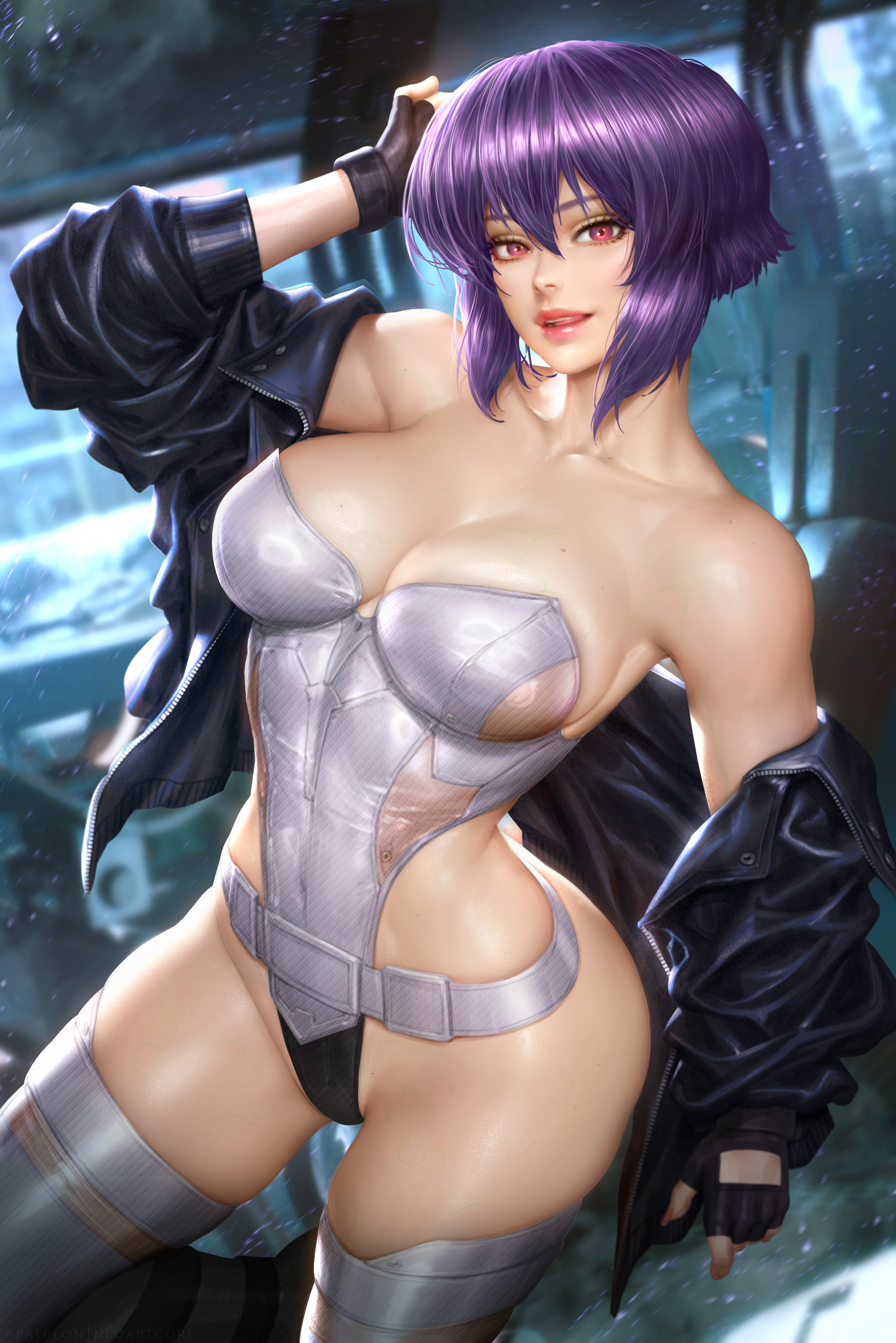 Anime 2400x3597 Kusanagi Motoko Ghost in the Shell anime anime girls purple hair bangs looking at viewer smiling jacket black jackets leather jacket bare shoulders cleavage bodysuit fingerless gloves thigh-highs portrait display 2D artwork drawing illustration fan art NeoArtCorE (artist)