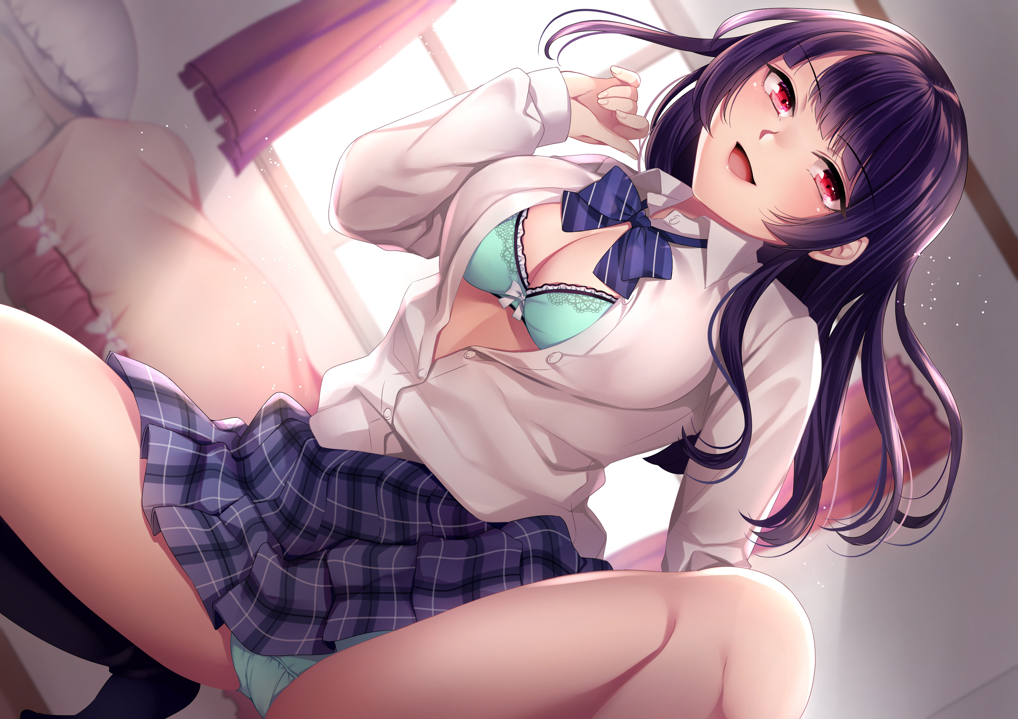Anime 3507x2480 Dopikasu-Chan anime anime girls underwear bra panties skirt smiling squatting spread legs upskirt open shirt cameltoe