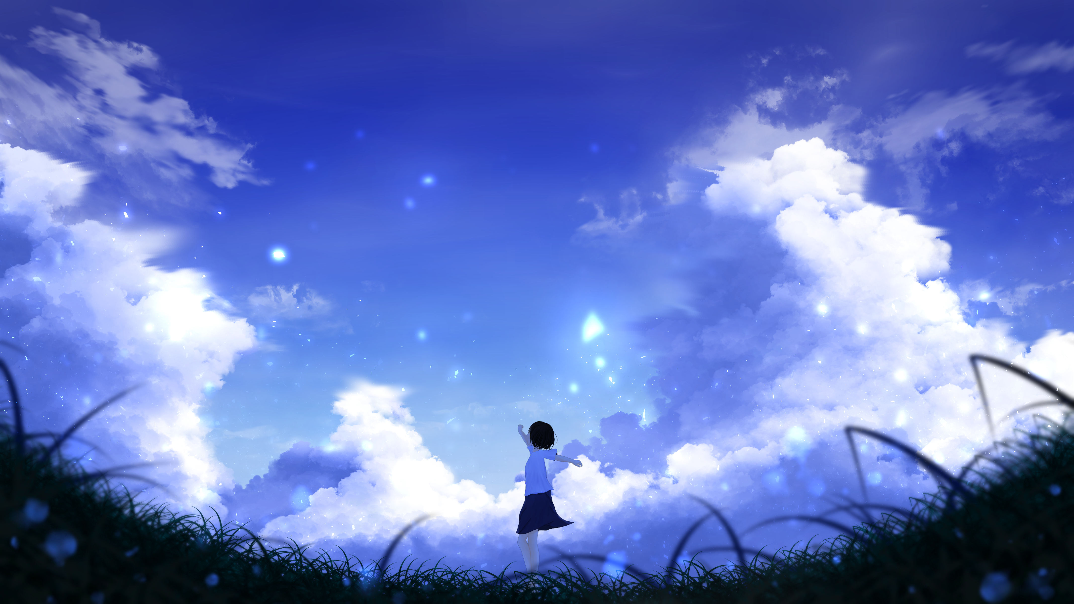 Anime 4320x2430 anime girls grass sky clouds