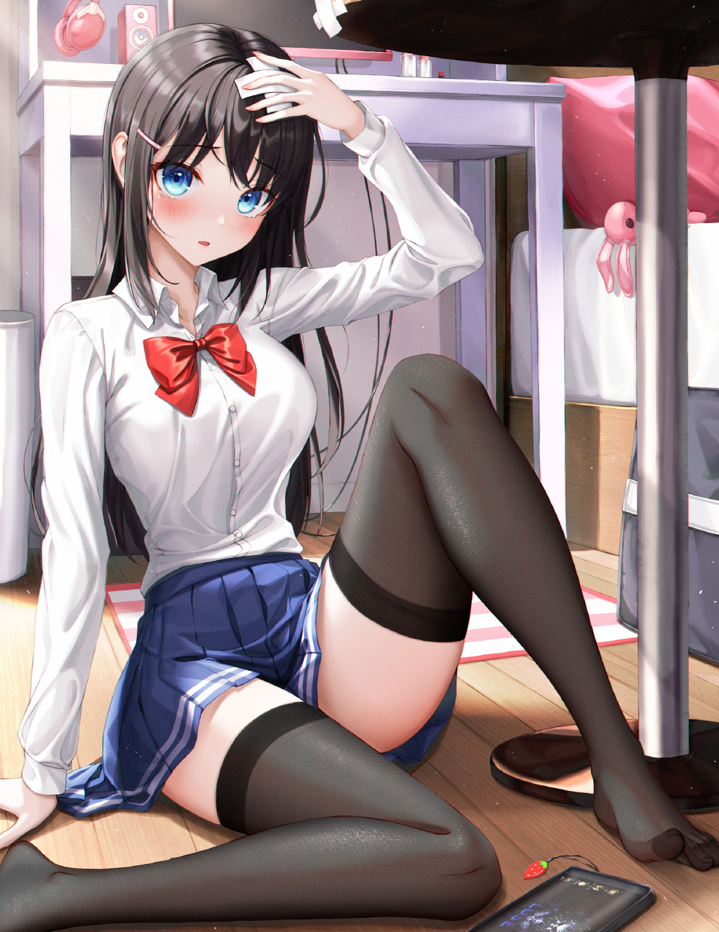 Anime 1024x1328 legs black stockings anime anime girls Eichi artwork dark hair blue eyes school uniform thigh-highs miniskirt