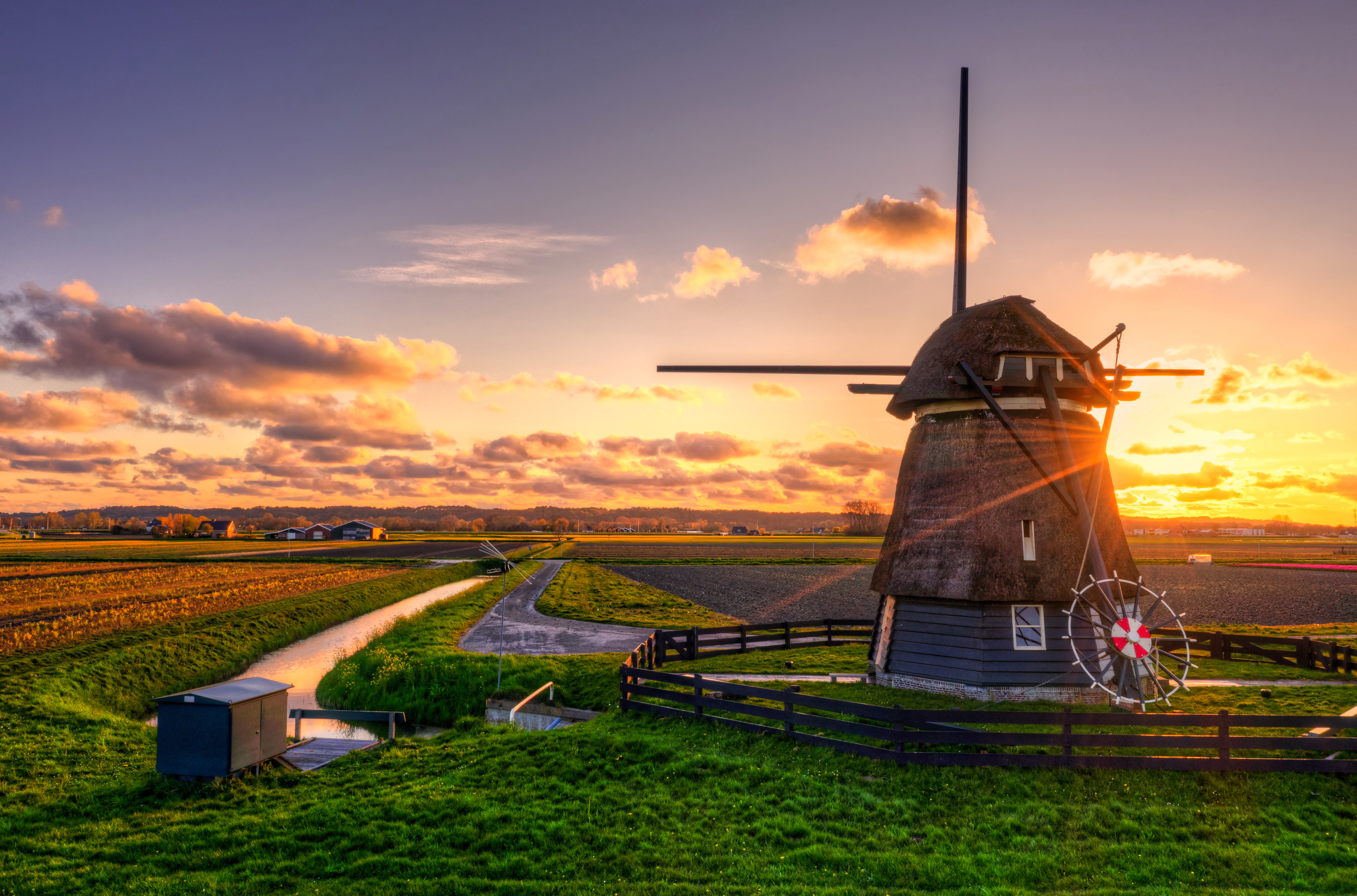 General 5120x3380 windmill field water landscape Sun sunset HDR clouds sky fence photography nature outdoors warm warm light