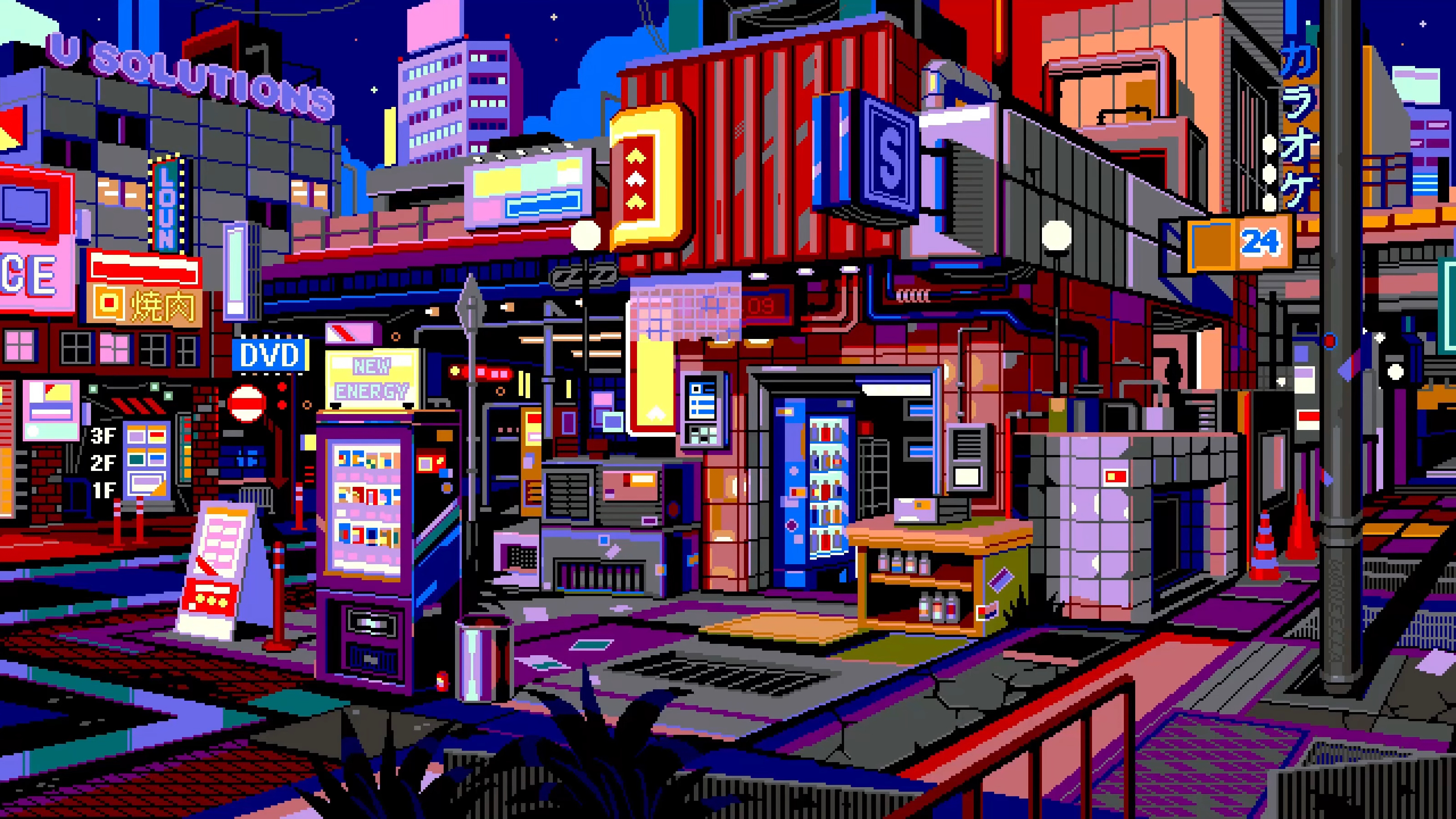 General 3200x1800 waneella pixel art cyberpunk city night lights neon
