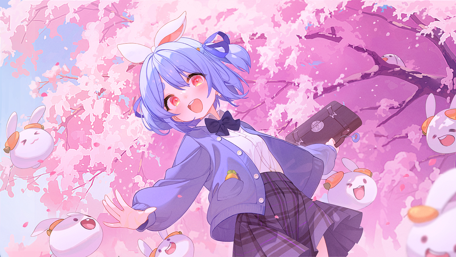 Anime 1500x846 digital art anime bunny ears blue hair cherry trees Virtual Youtuber Hololive Usada Pekora cherry blossom anime girls