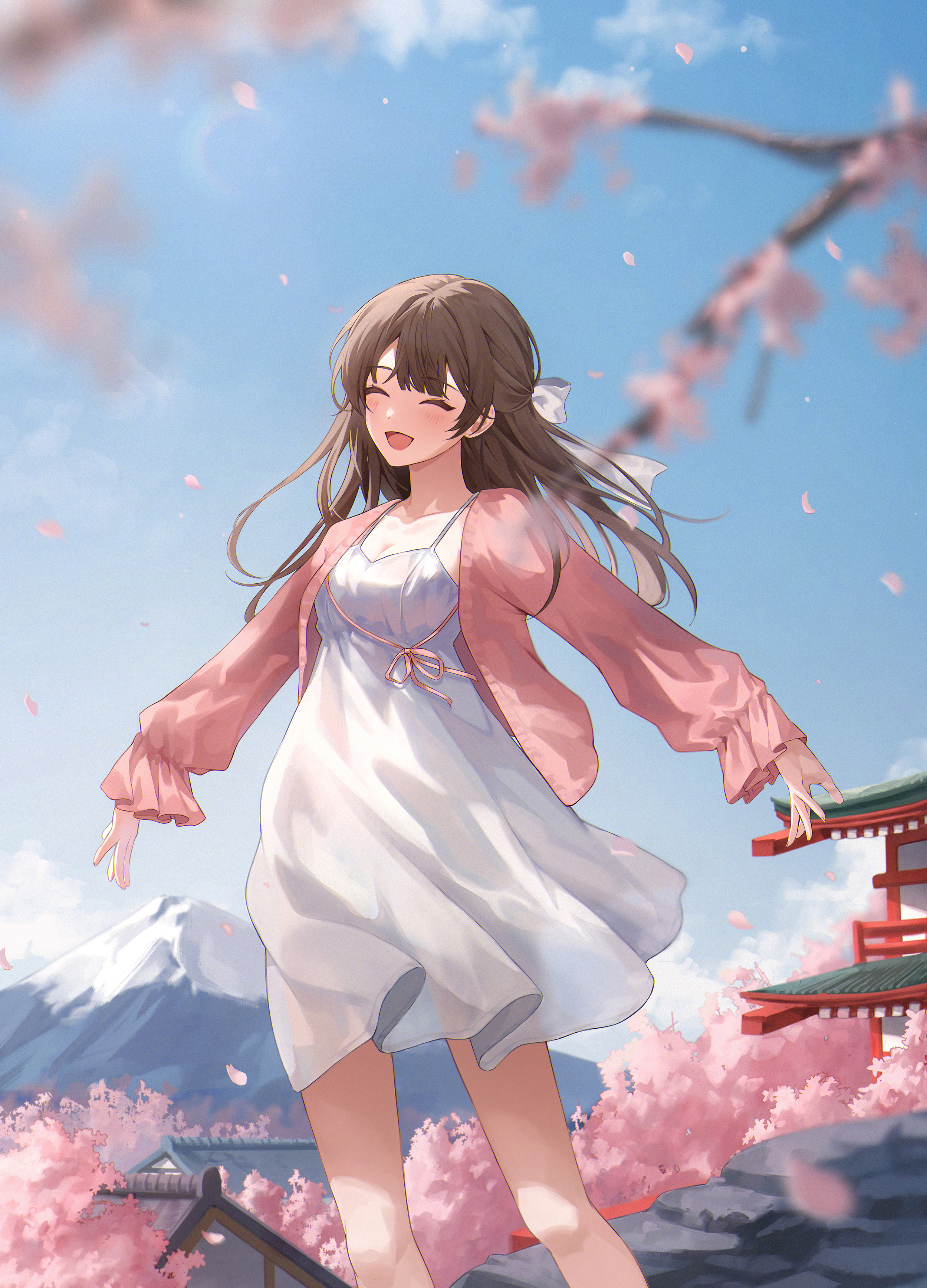 Anime 2499x3471 anime anime girls Fruit Ade artwork cherry blossom brunette dress Mount Fuji