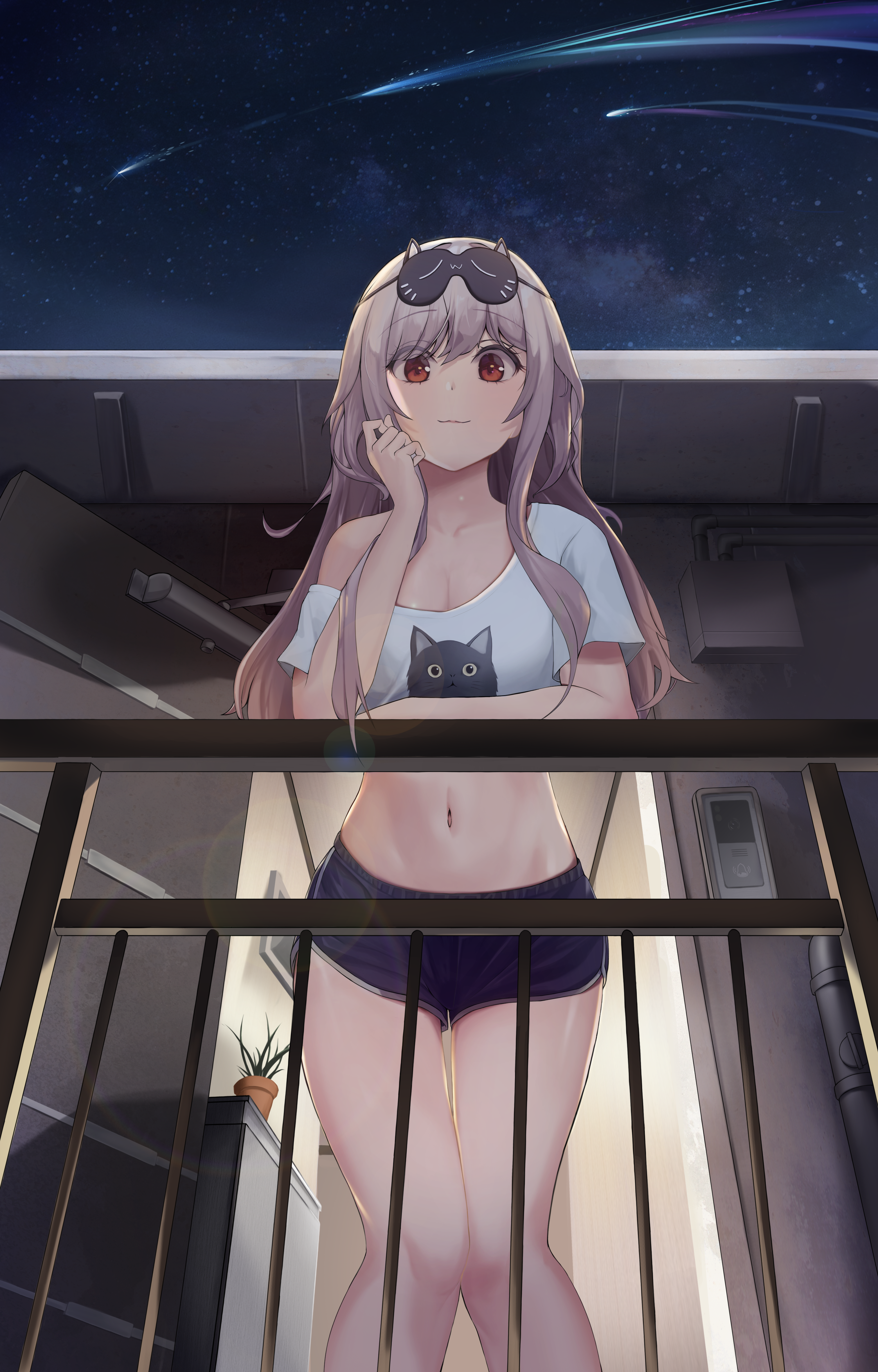 Anime 3024x4724 digital art anime anime girls Pixiv artwork looking at viewer portrait portrait display petite belly belly button shorts Dolphin shorts touching hair red eyes crop top bare shoulders