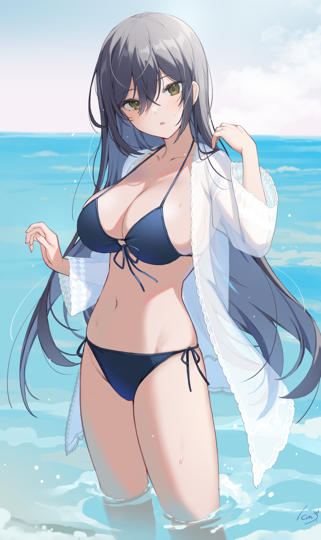 Big Boobs Cleavage Long Hair Icomochi Anime Anime Girls Bikini Water Blue Bikini