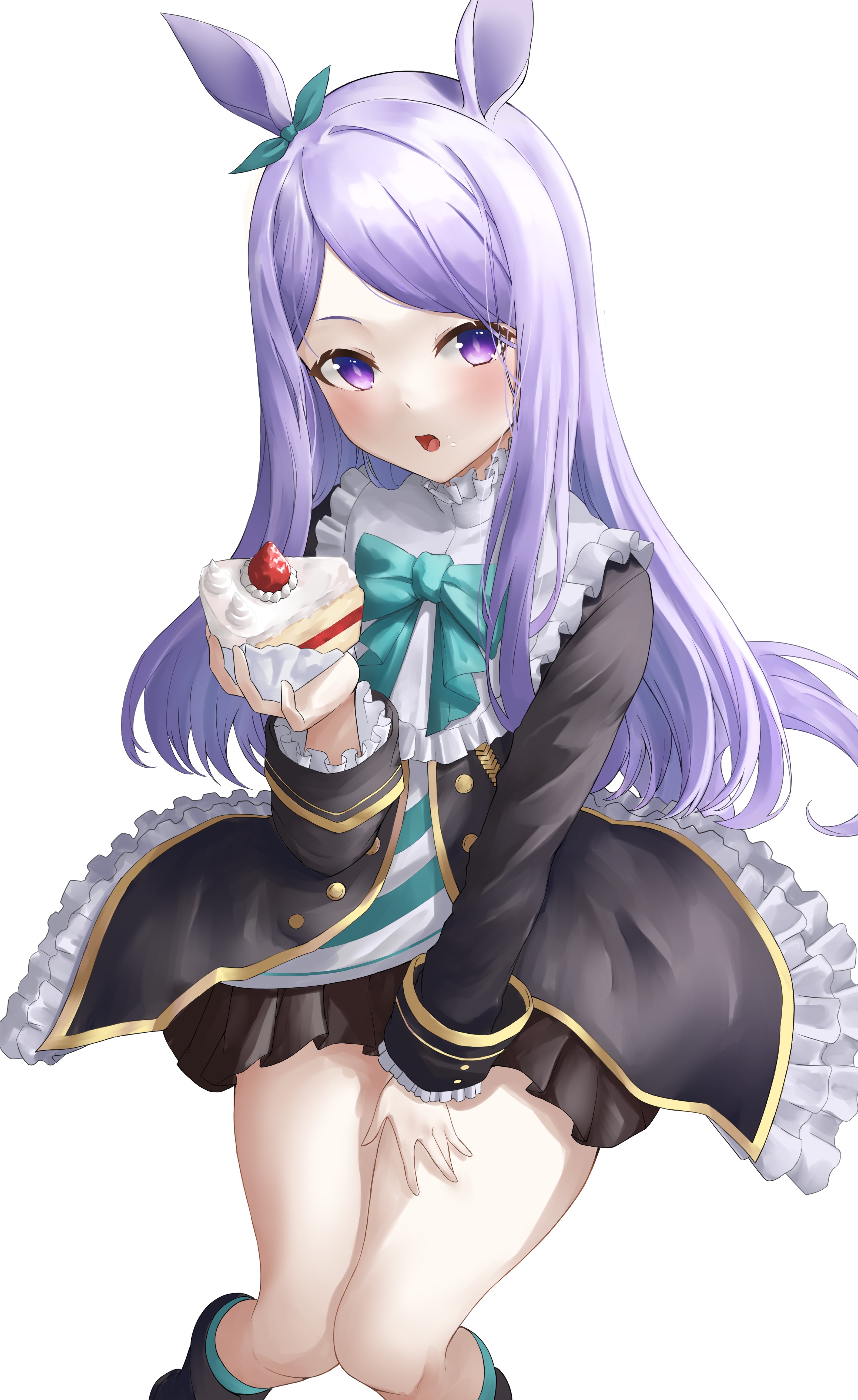 Anime 3176x5182 anime anime girls Uma Musume Pretty Derby horse girls animal ears Mejiro McQueen (Uma Musume) long hair purple hair solo artwork digital art fan art thighs together food sweets cake simple background open mouth thighs knees looking at viewer