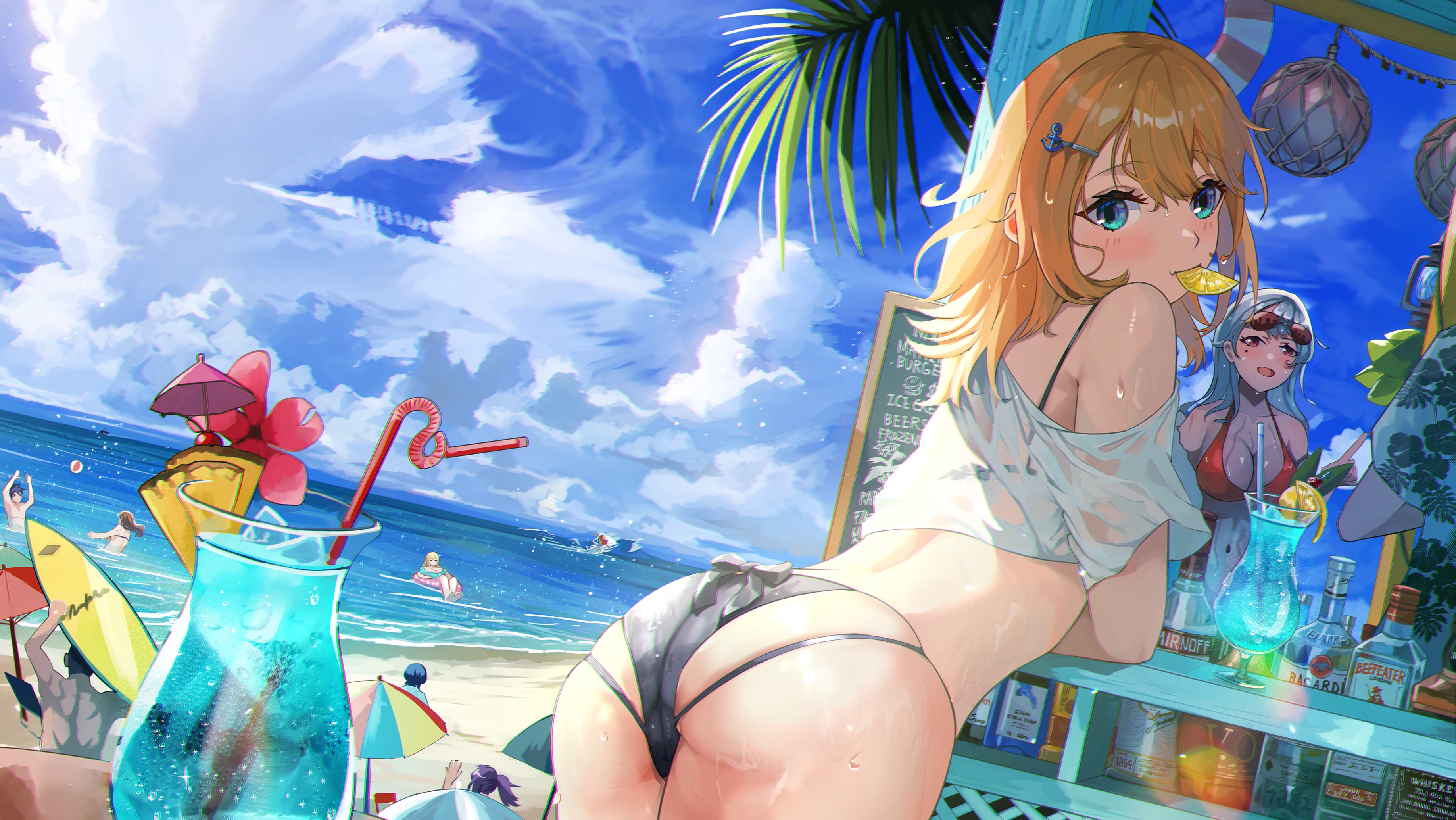 Anime 3670x2067 anime anime girls ass swimwear water drink lemons bikini clouds surfboards