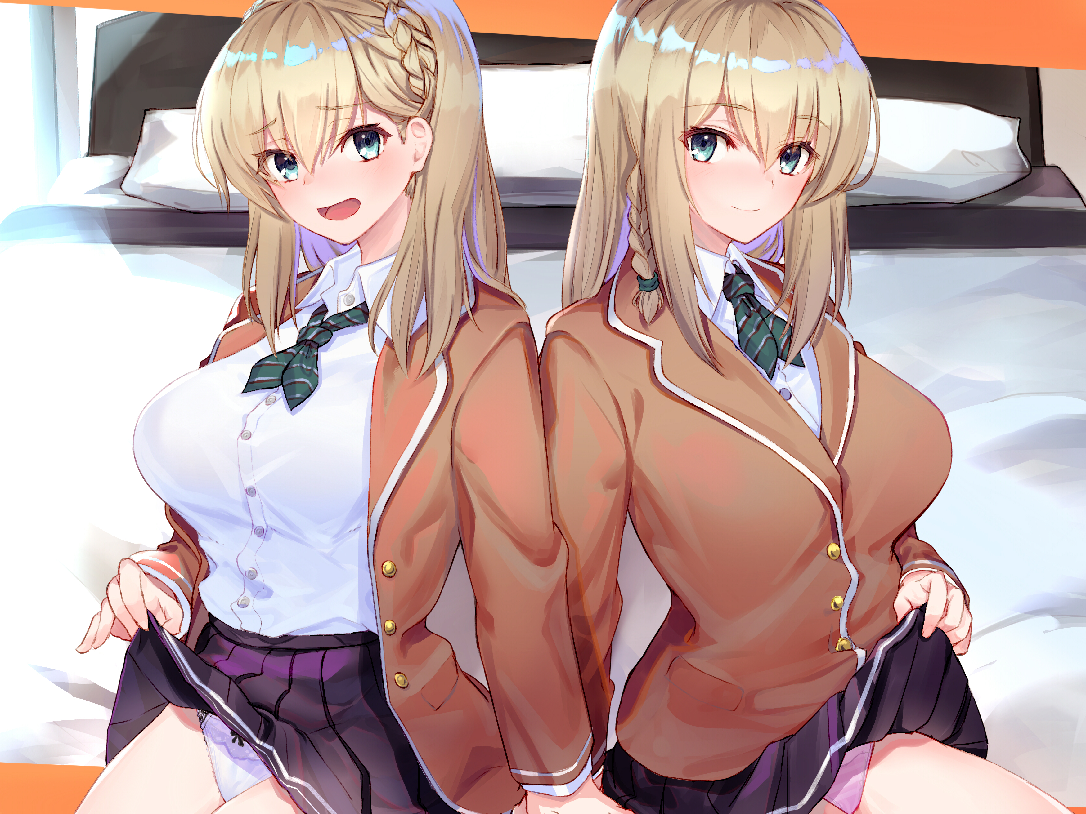 Anime 3500x2625 anime anime girls original characters twins two women artwork digital art fan art panties lifting skirt schoolgirl school uniform