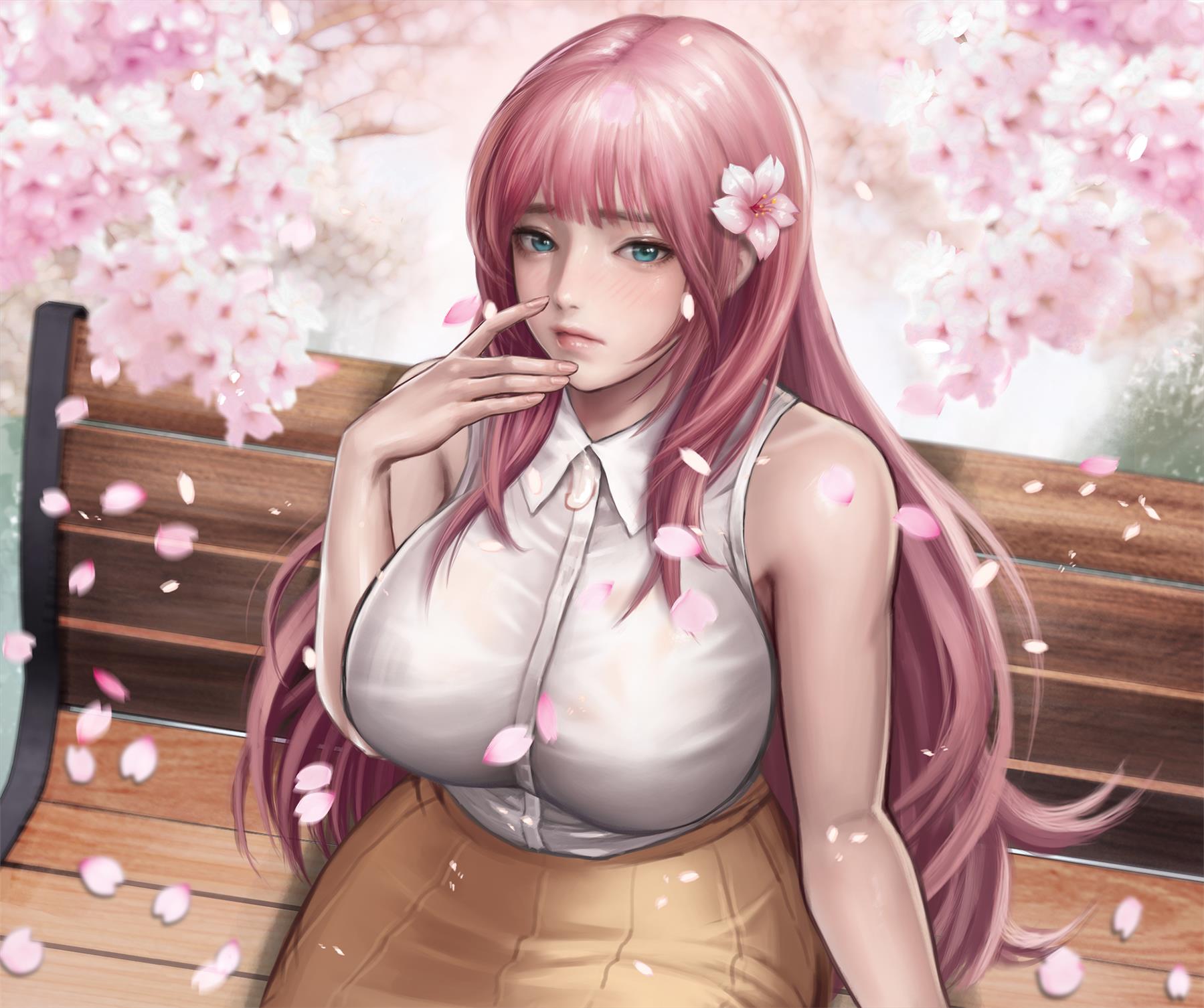 Anime 1799x1506 Milkychu pink hair flower in hair cherry trees petals anime girls big boobs