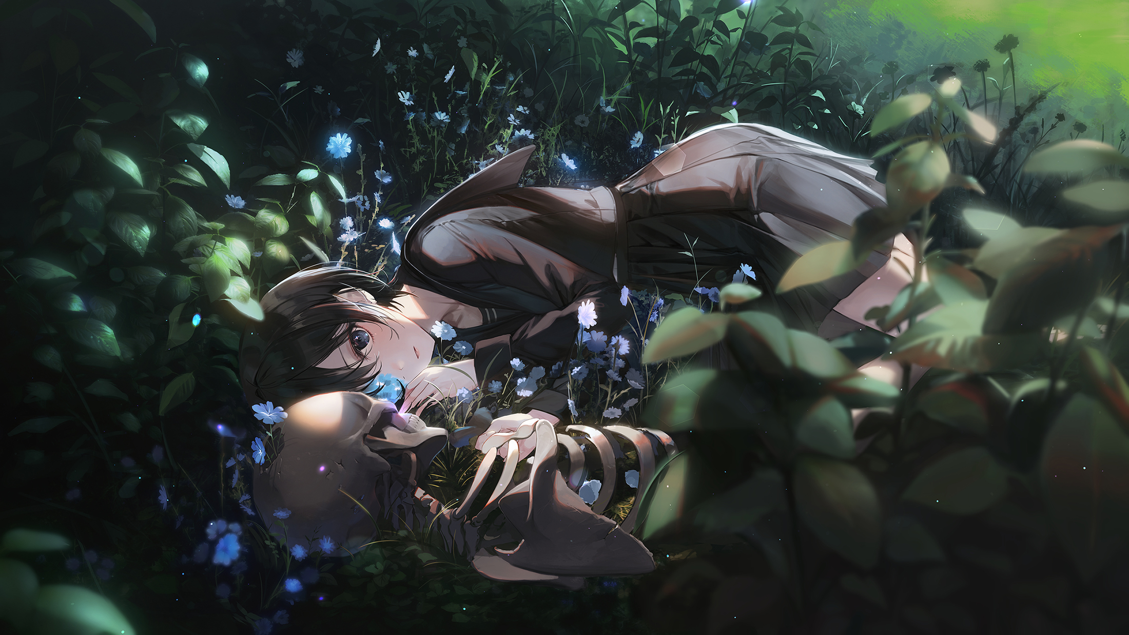 Anime 2200x1237 anime anime girls lying down plants skeleton