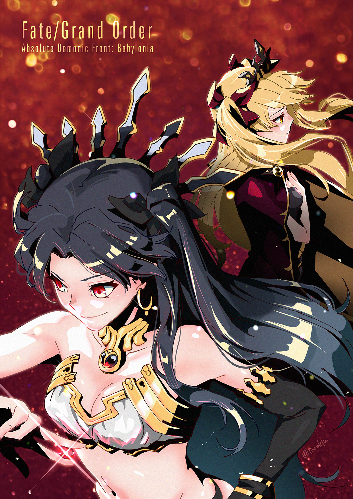 Anime 1240x1754 anime anime girls Fate series Fate/Grand Order Ishtar (Fate/Grand Order) Ereshkigal (Fate/Grand Order) twintails long hair black hair blonde twins artwork digital art fan art