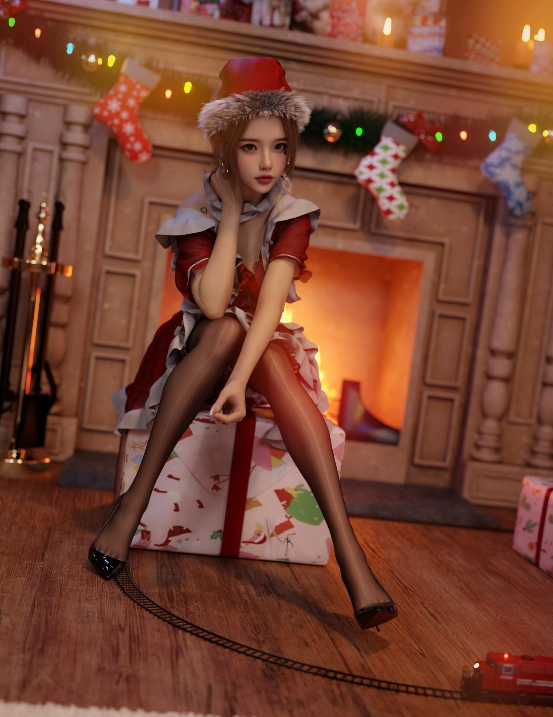 General 1893x2451 Luck zs CGI Christmas black stockings Christmas tree digital art Christmas presents sitting indoors women indoors looking at viewer fire fireplace women Asian Christmas ornaments  portrait display floor wooden floor