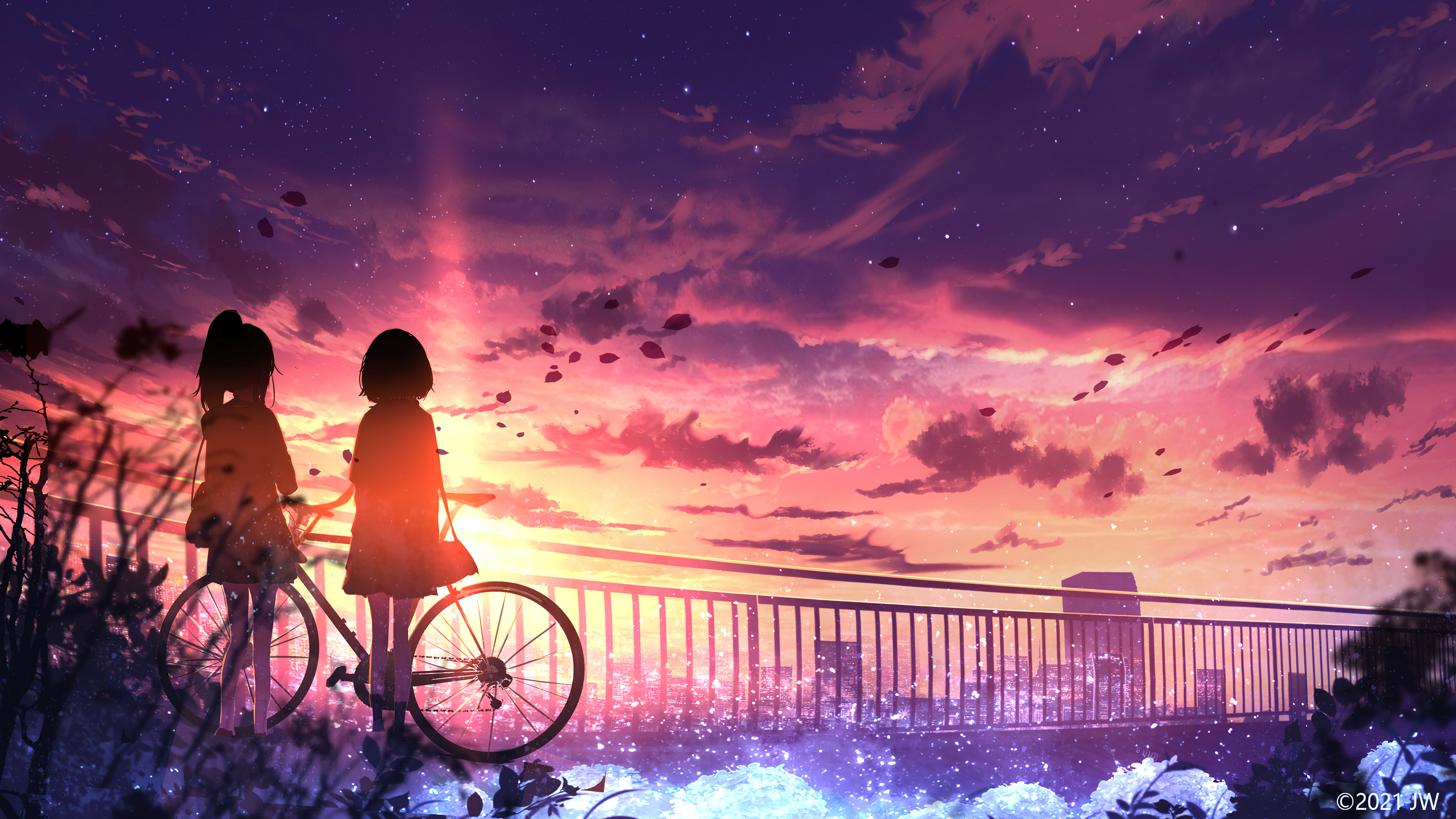 Anime 3840x2160 anime girls sunset sky sunlight women outdoors two women bicycle anime women with bicycles vehicle 2021 (year)