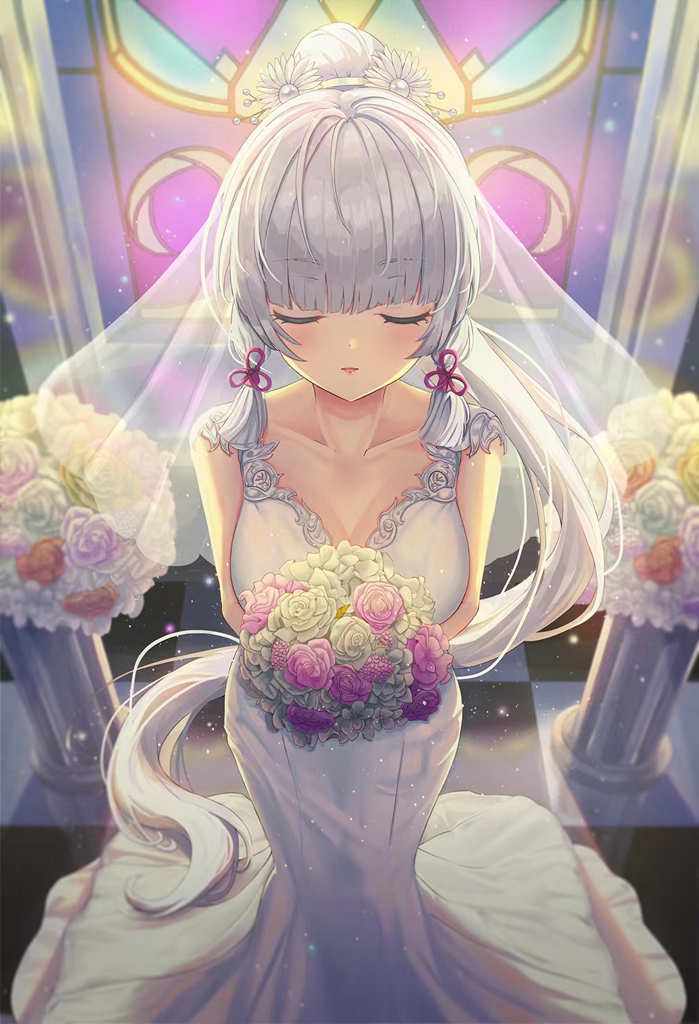 Anime 1000x1464 Kamisato Ayaka (Genshin Impact) Genshin Impact wedding dress closed eyes flowers dress anime girls