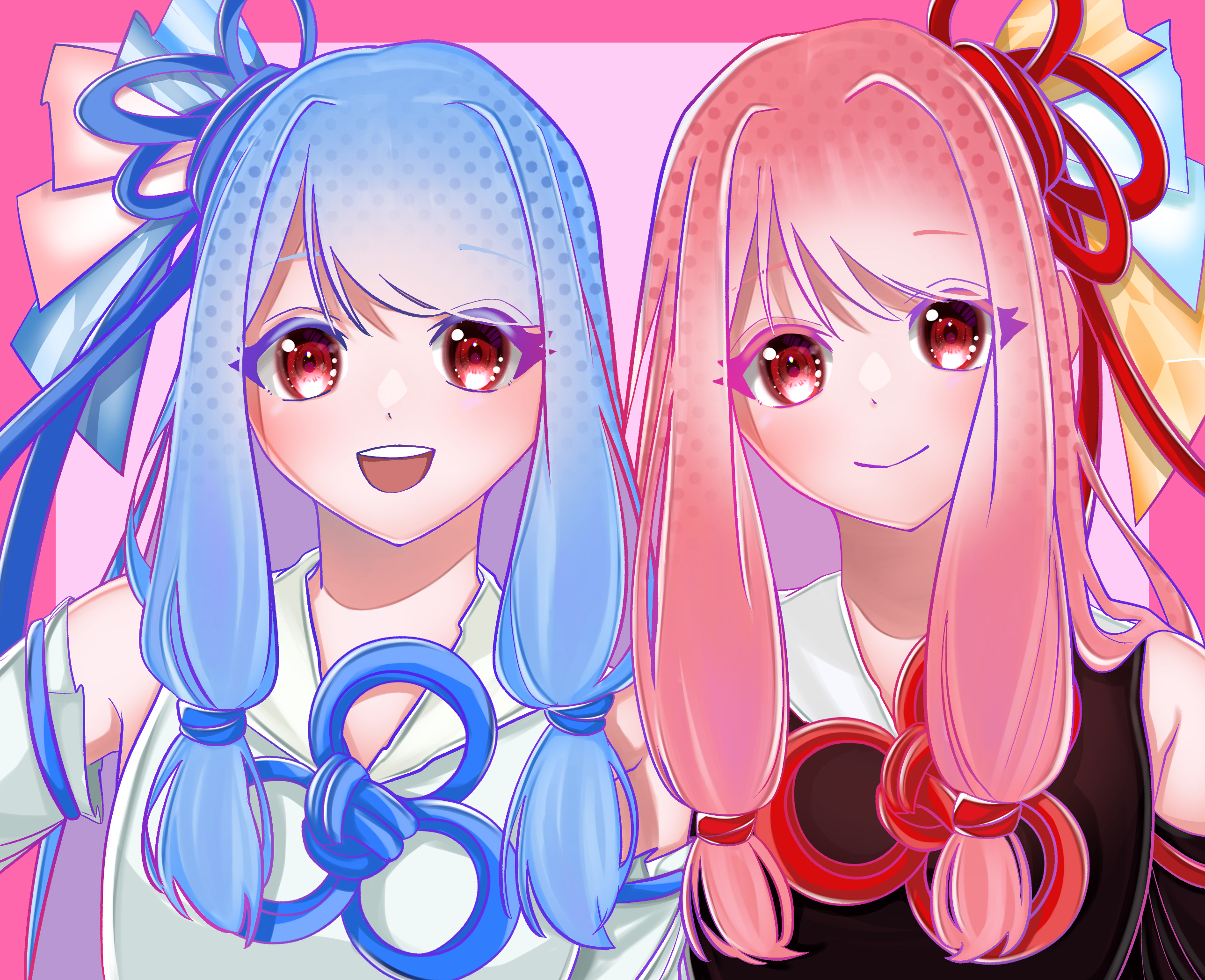 Anime 2576x2095 anime anime girls Voiceroid Kotonoha Akane Kotonoha Aoi pink hair blue hair long hair twins artwork digital art fan art