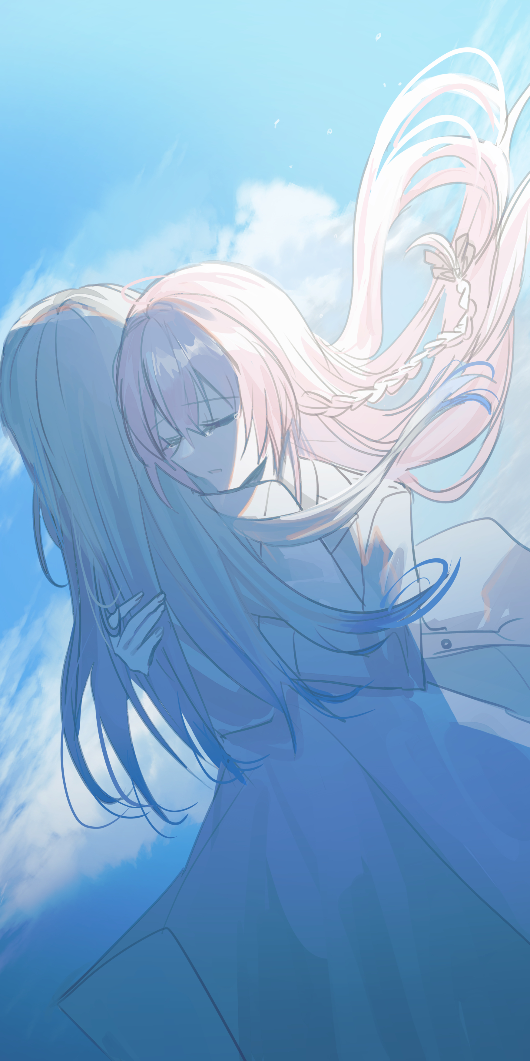 Anime 1750x3500 anime anime girls two women original characters long hair pink hair blue hair artwork digital art fan art