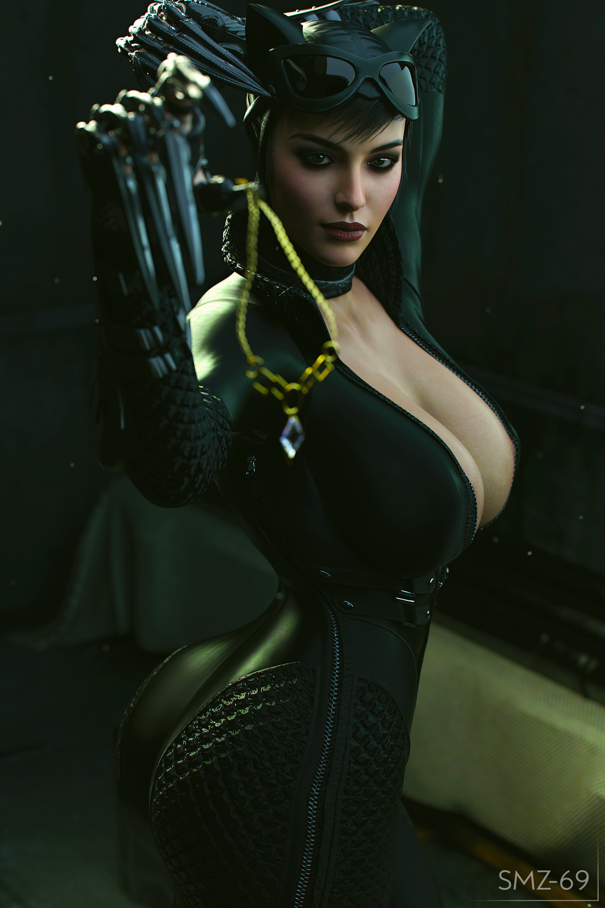 General 2000x3000 Smz-69 CGI hourglass body big boobs thick ass Catwoman bodysuit claws cleavage huge breasts cat girl tight clothing zipper black clothing areola slip portrait display digital art watermarked low light