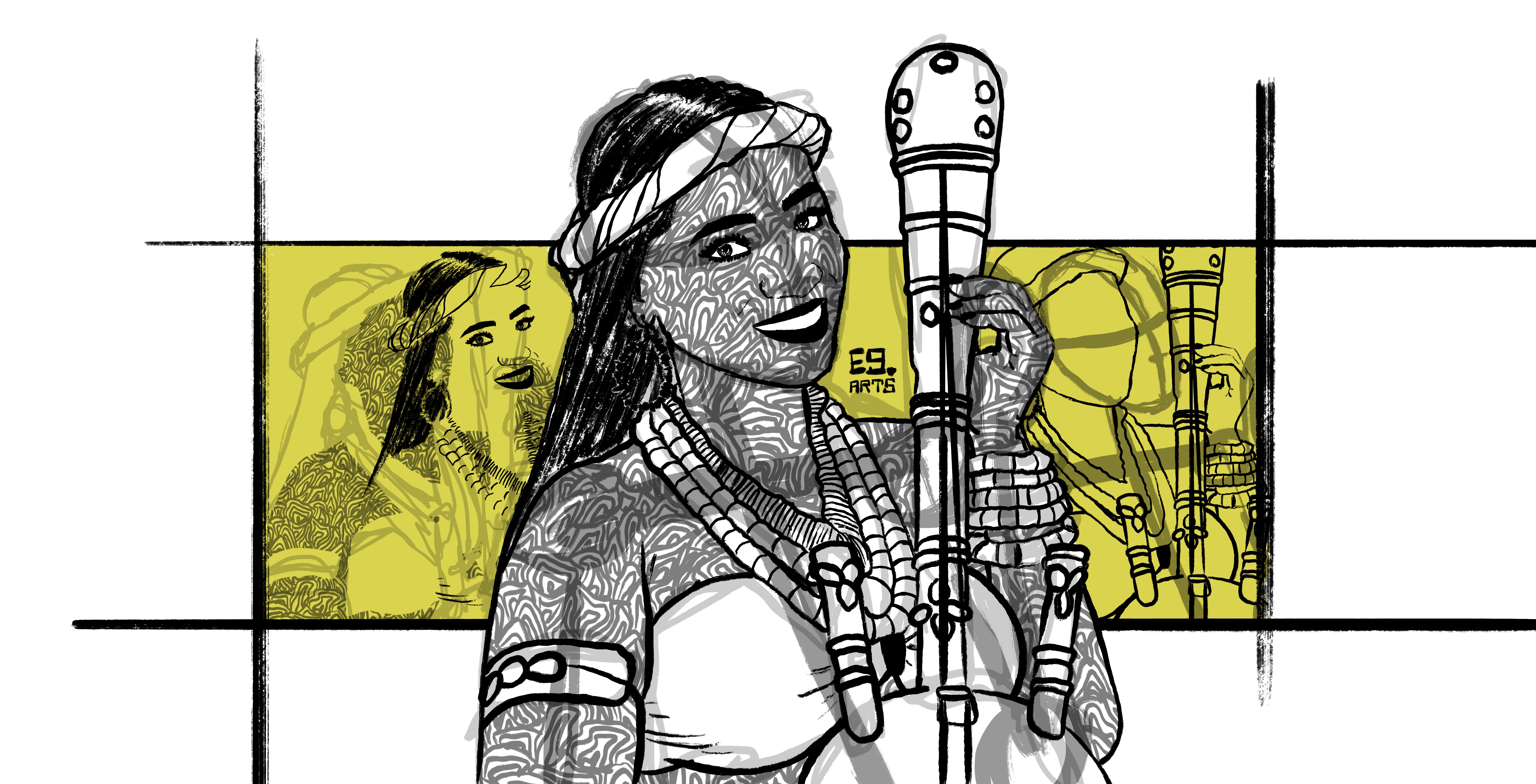 General 8109x4141 drawing smiling looking at viewer African music culture sketches simple background women