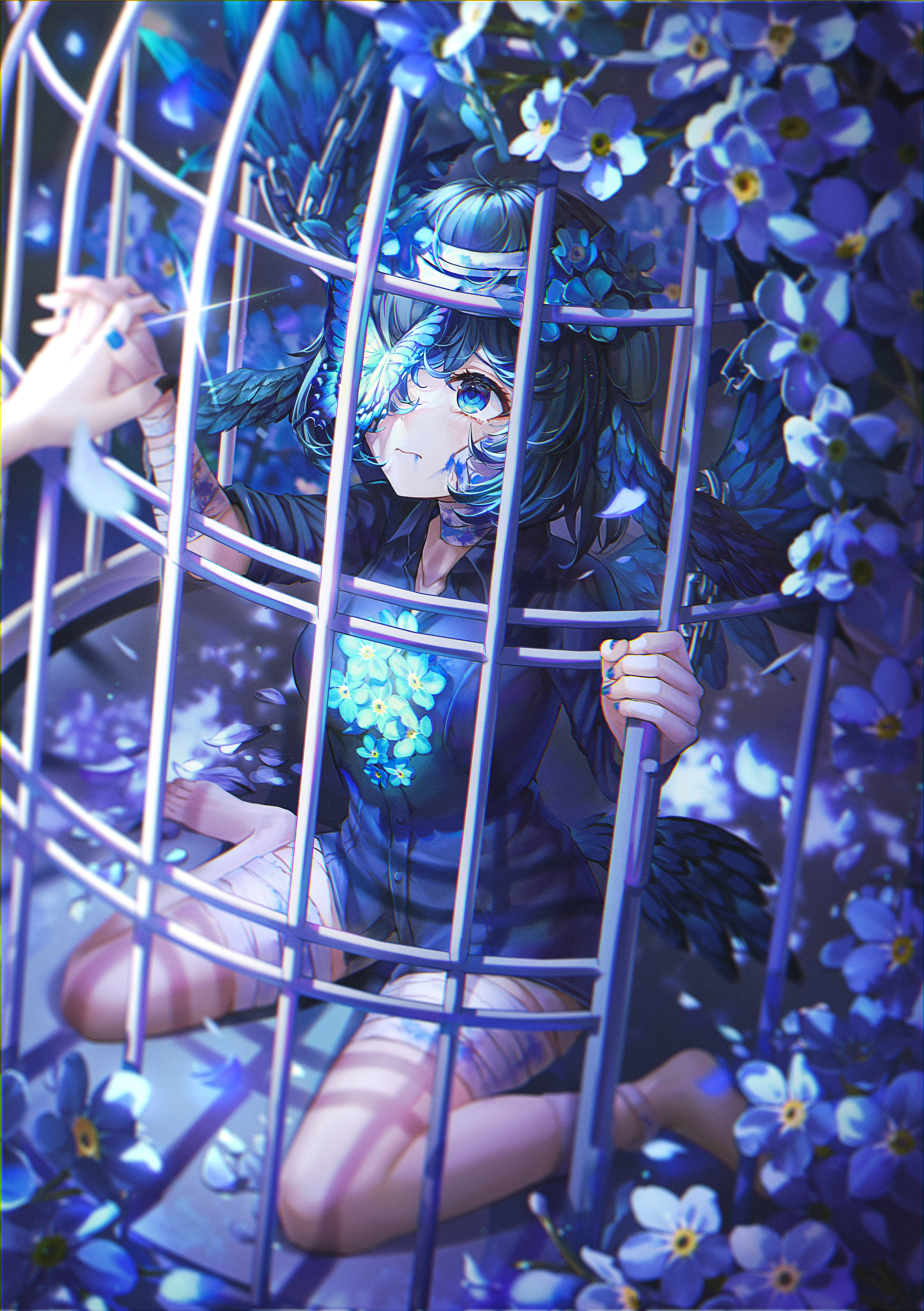 Anime 1899x2694 anime anime girls Final Fantasy XIV: A Realm Reborn Metion bandaged arm flowers Pixiv cages holding hands painted nails blue nails black nails plants blue eyes