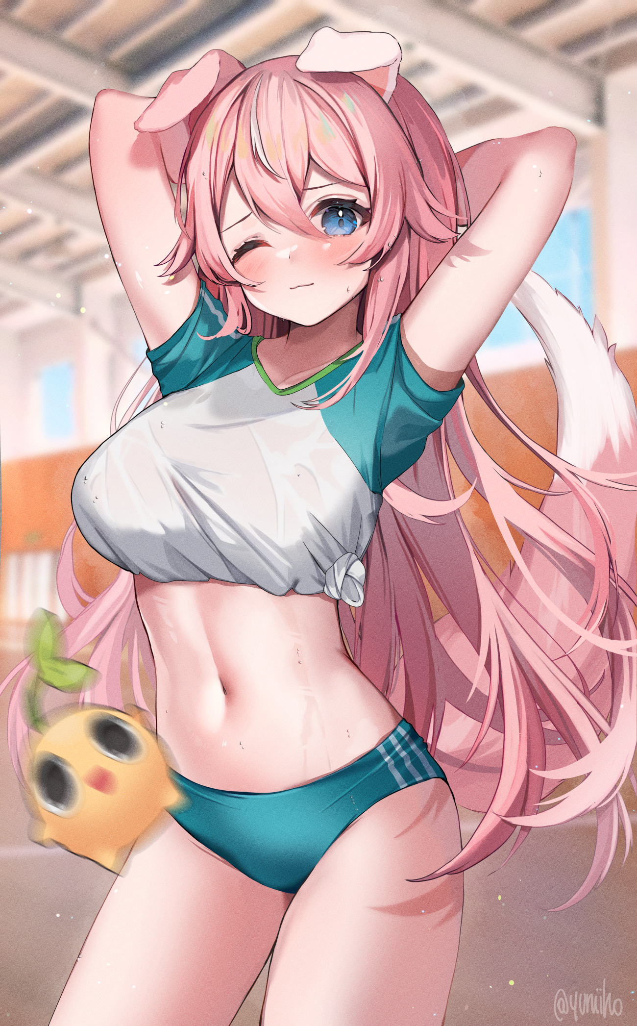 Anime 1300x2093 anime anime girls animal ears tail yuniiho boobs big boobs belly panties pink hair long hair one eye closed standing blue eyes arms up looking at viewer