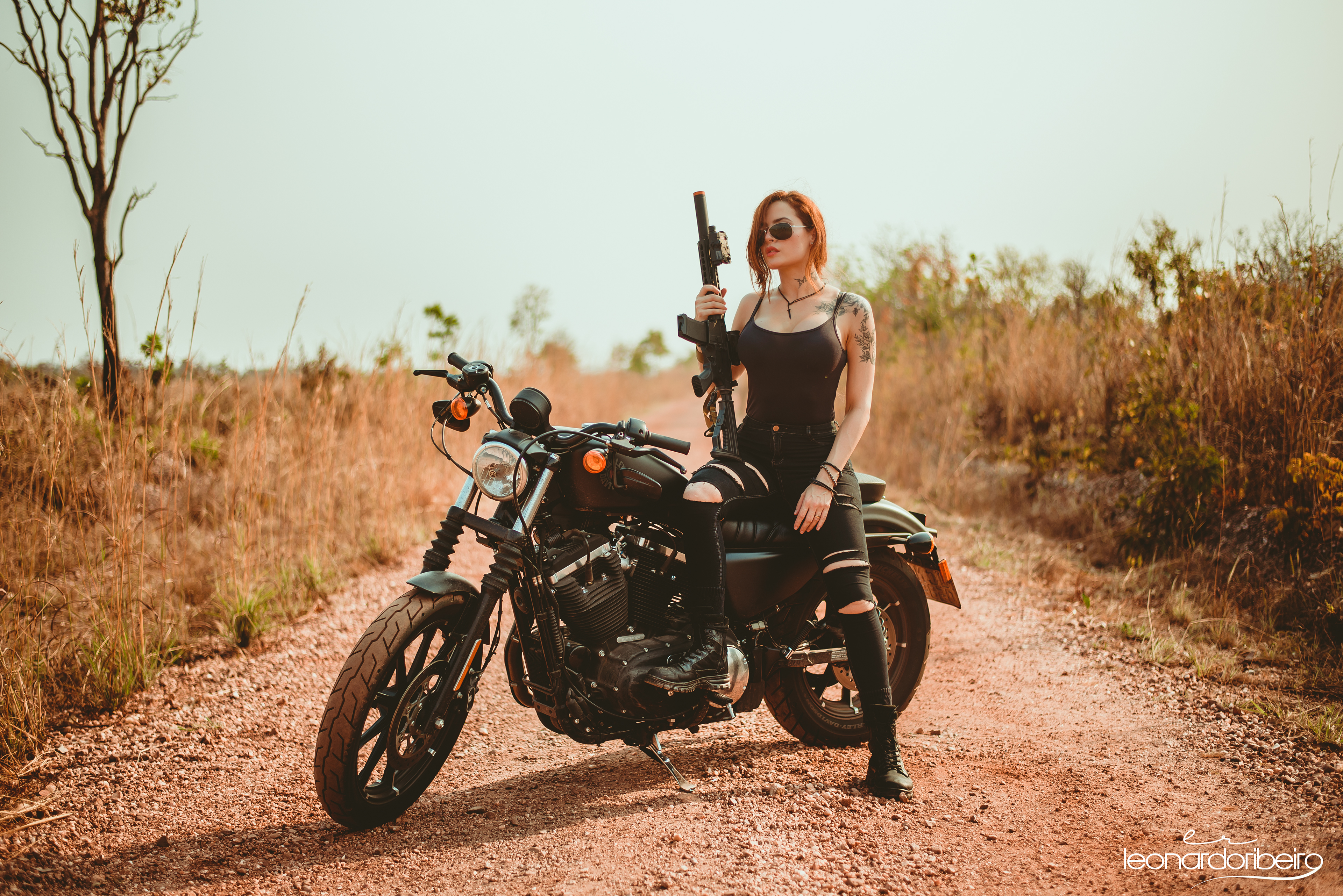People 3840x2563 Leonardo Ribeiro women model redhead black clothing jeans torn jeans weapon motorcycle women with motorcycles women outdoors Iron 883 Harley-Davidson