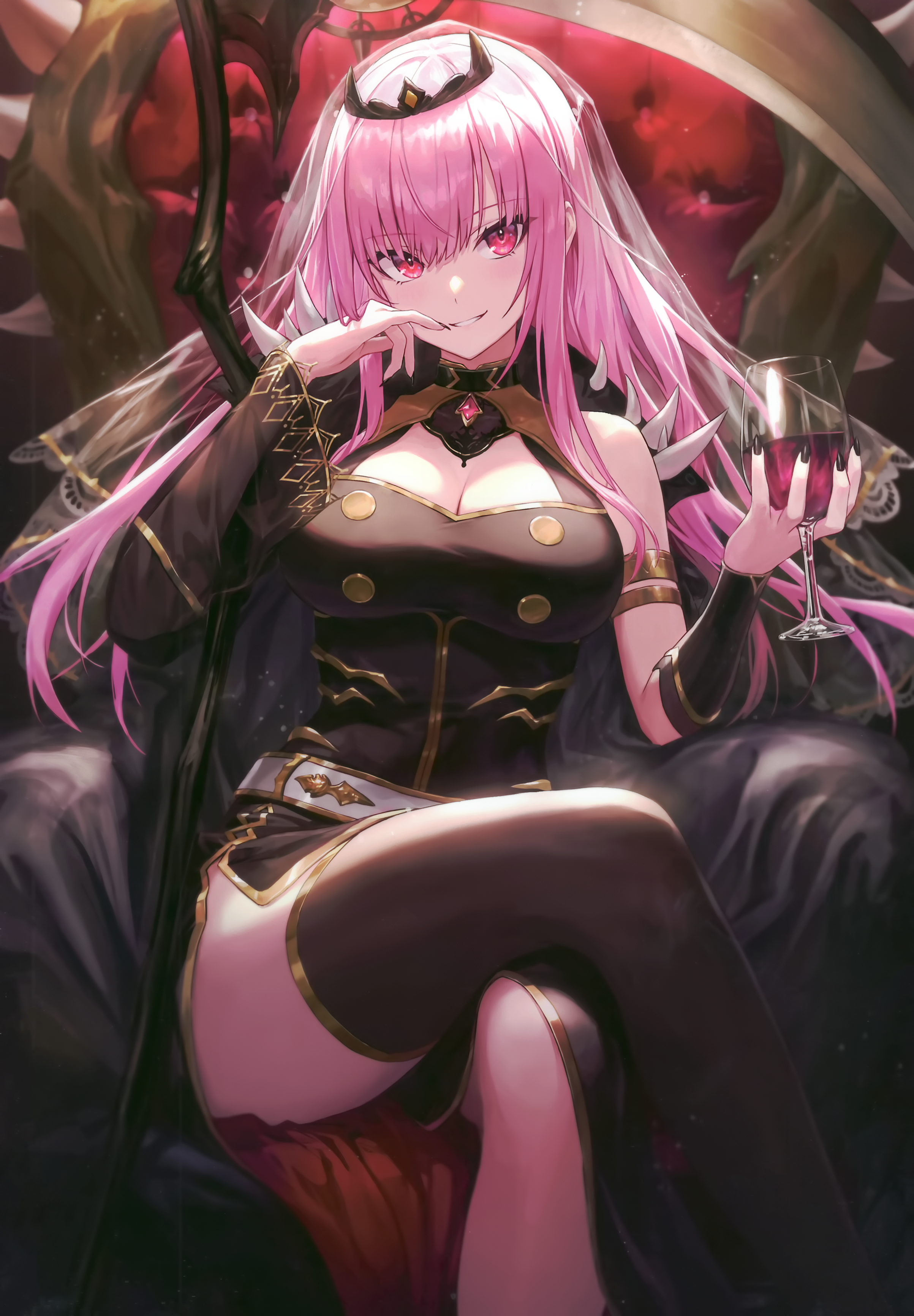 Anime 2406x3464 Hololive Mori Calliope Guchico pink hair wine pink eyes black thigh-highs thigh-highs long hair cleavage