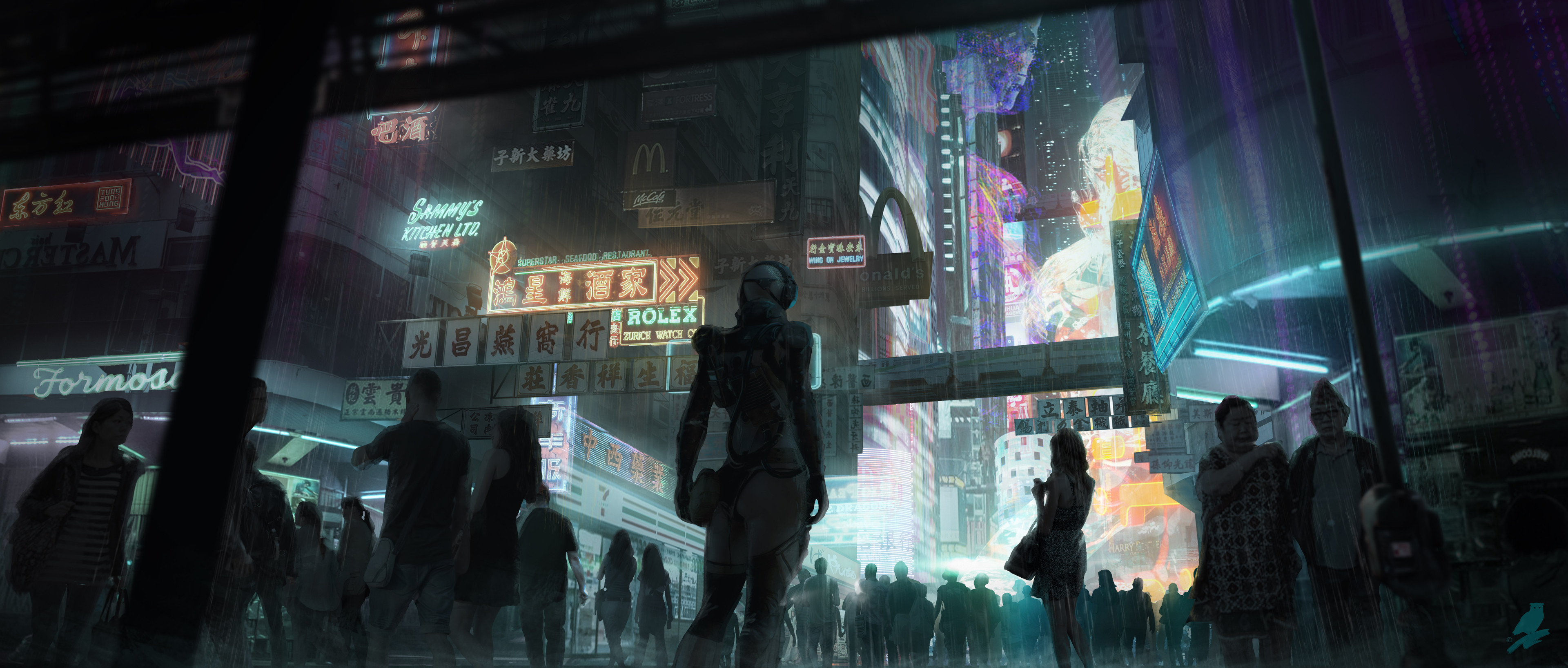 General 3840x1635 strigiformes cyberpunk dystopian futuristic city digital art artwork