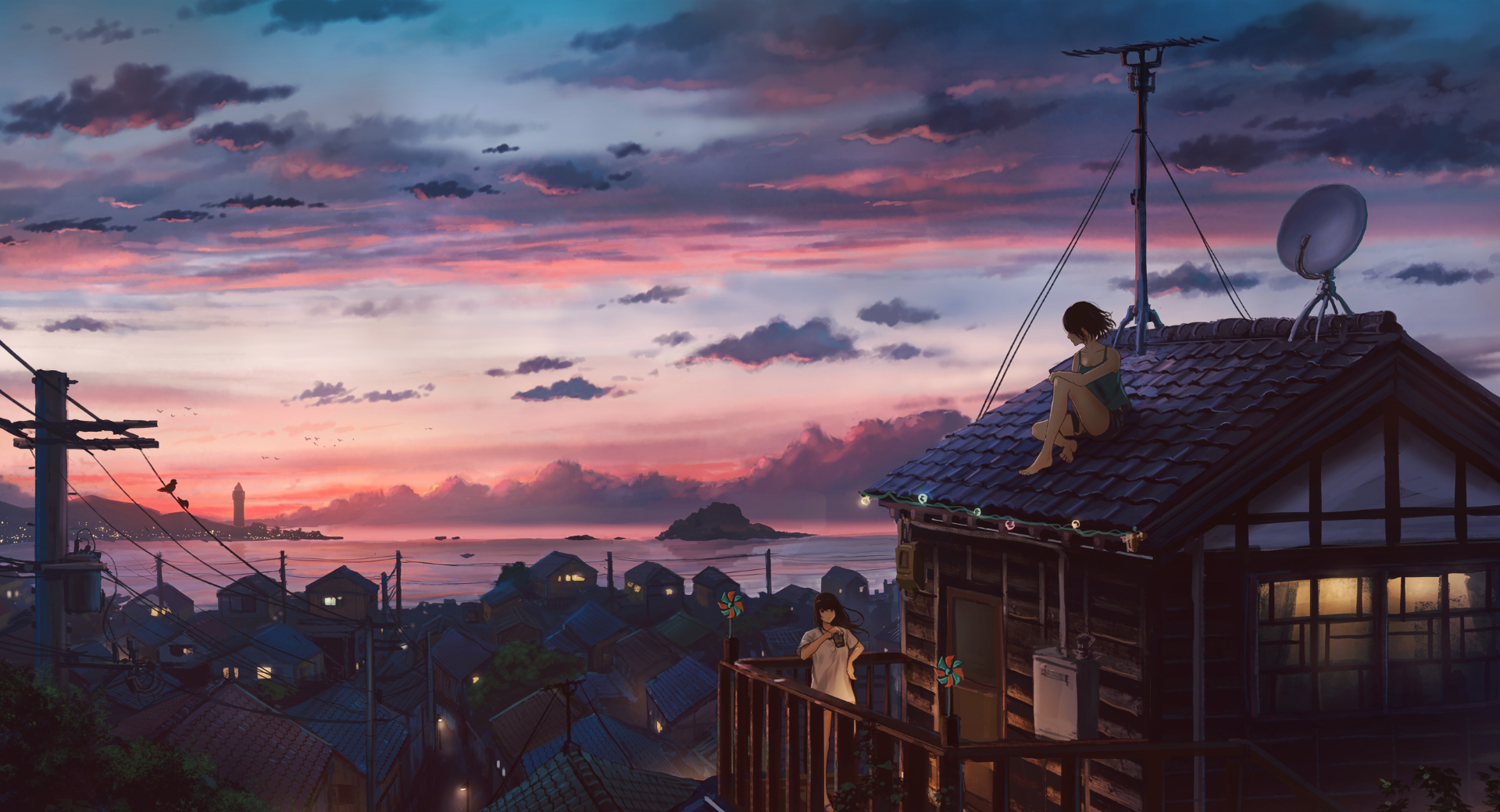 Anime 1920x1040 summer sunset anime girls clouds sky building landscape balcony two women high angle Sugi87