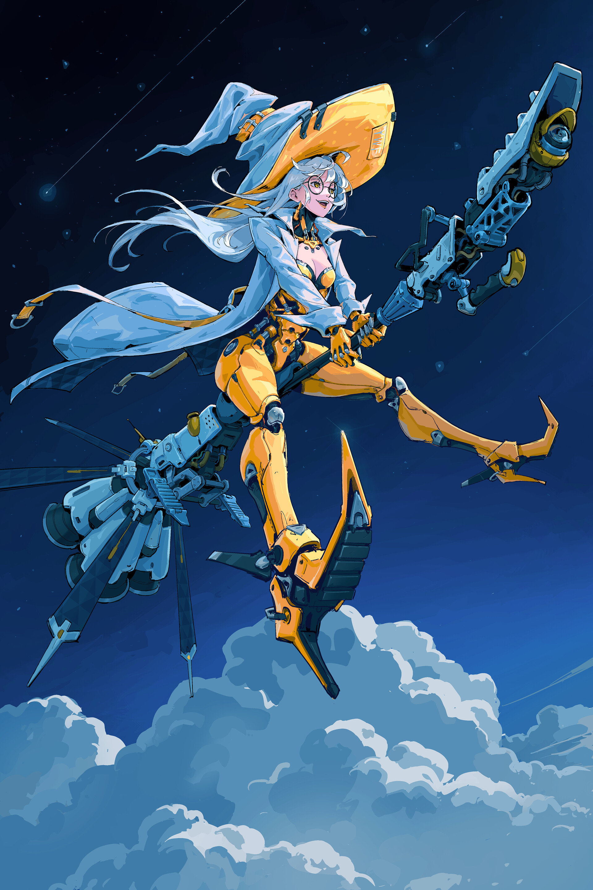 Anime 1920x2880 anime anime girls futuristic witch witch hat women cyborg machine women with hats women with glasses silver hair long hair sky clouds
