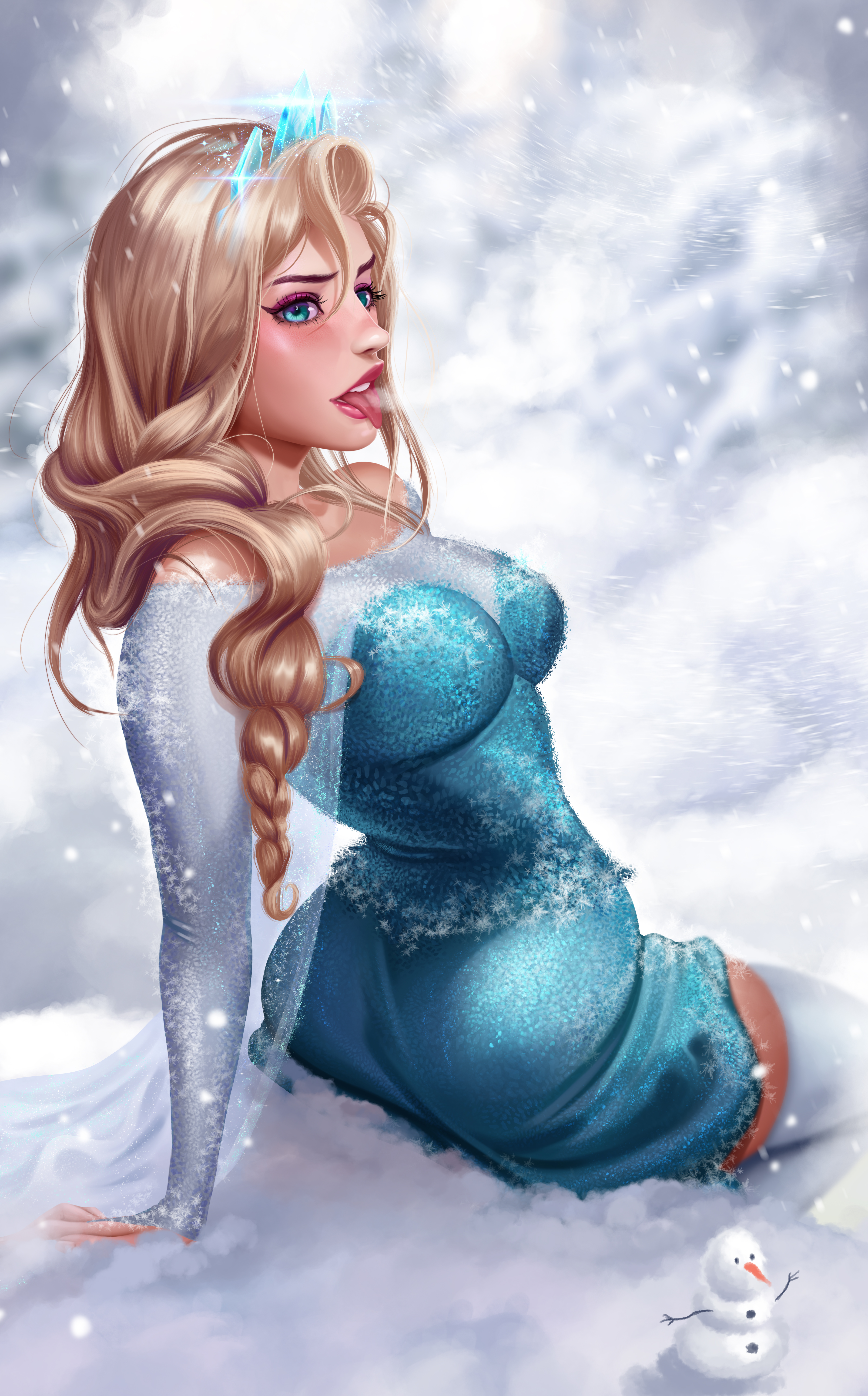 General 3731x6000 Elsa Frozen (movie) Disney princesses blonde snowing snow dress tongue out blue eyes crown 2D artwork drawing fan art Prywinko blushing cartoon digital art portrait display