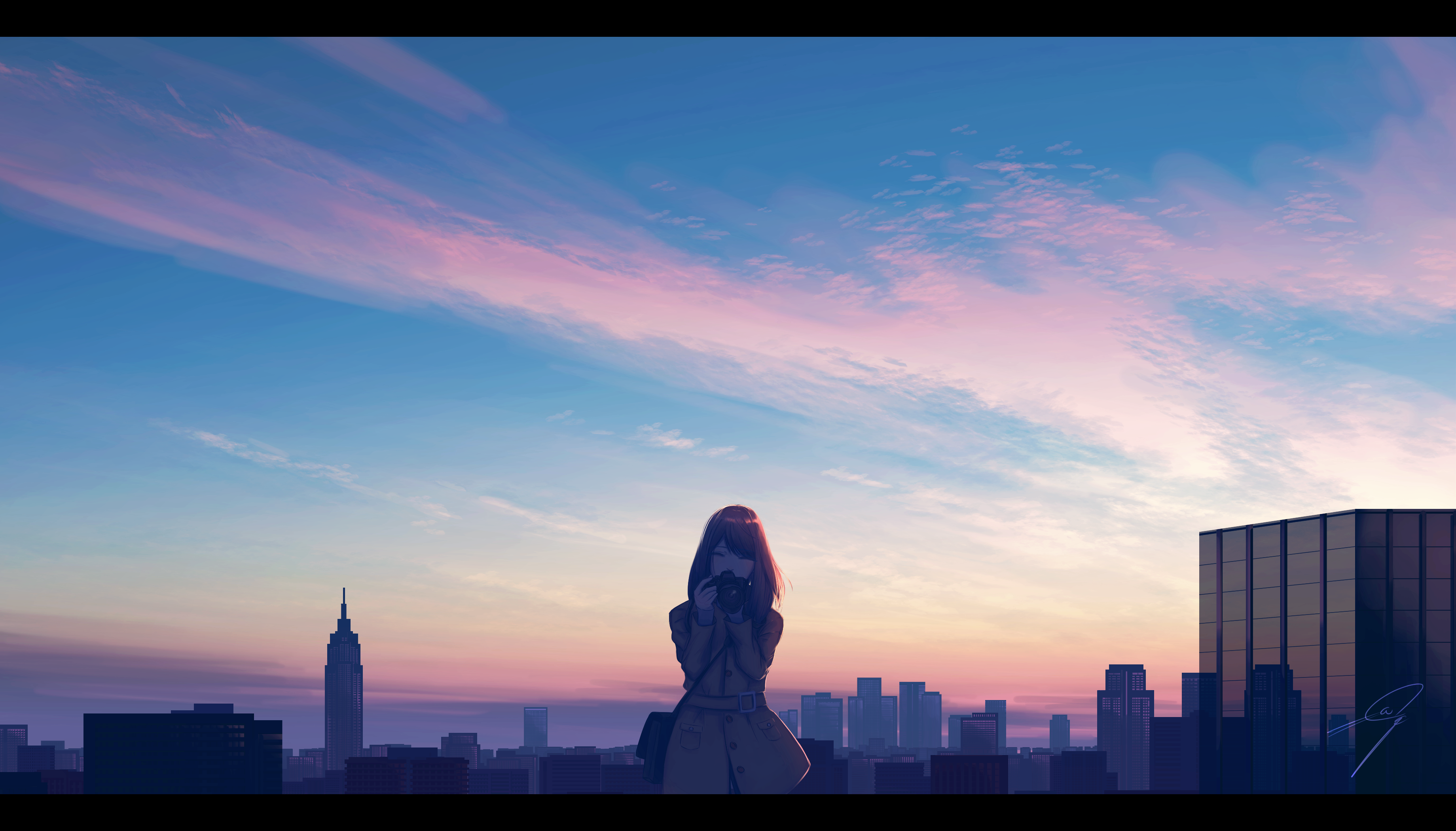 Anime 3680x2100 anime anime girls artwork twilight sunset clouds city skyline Empire State Building New York City Manhattan sky