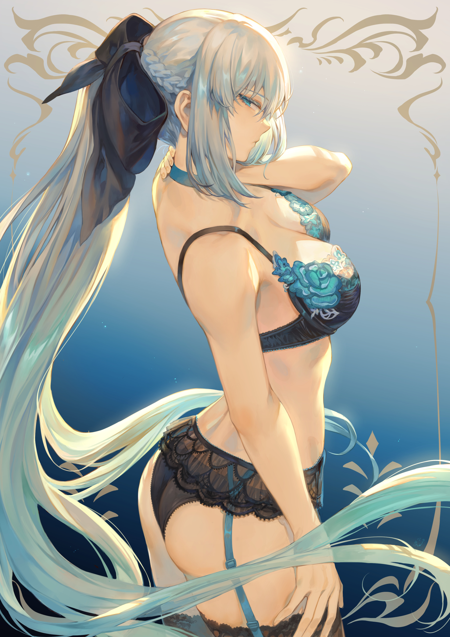 Anime 1476x2087 anime anime girls lingerie ass long hair garter belt cleavage Mashu 003 artwork Morgan le Fay Fate/Grand Order solo Fate series digital art looking at viewer ponytail big boobs blue eyes fan art simple background garter straps stockings white hair