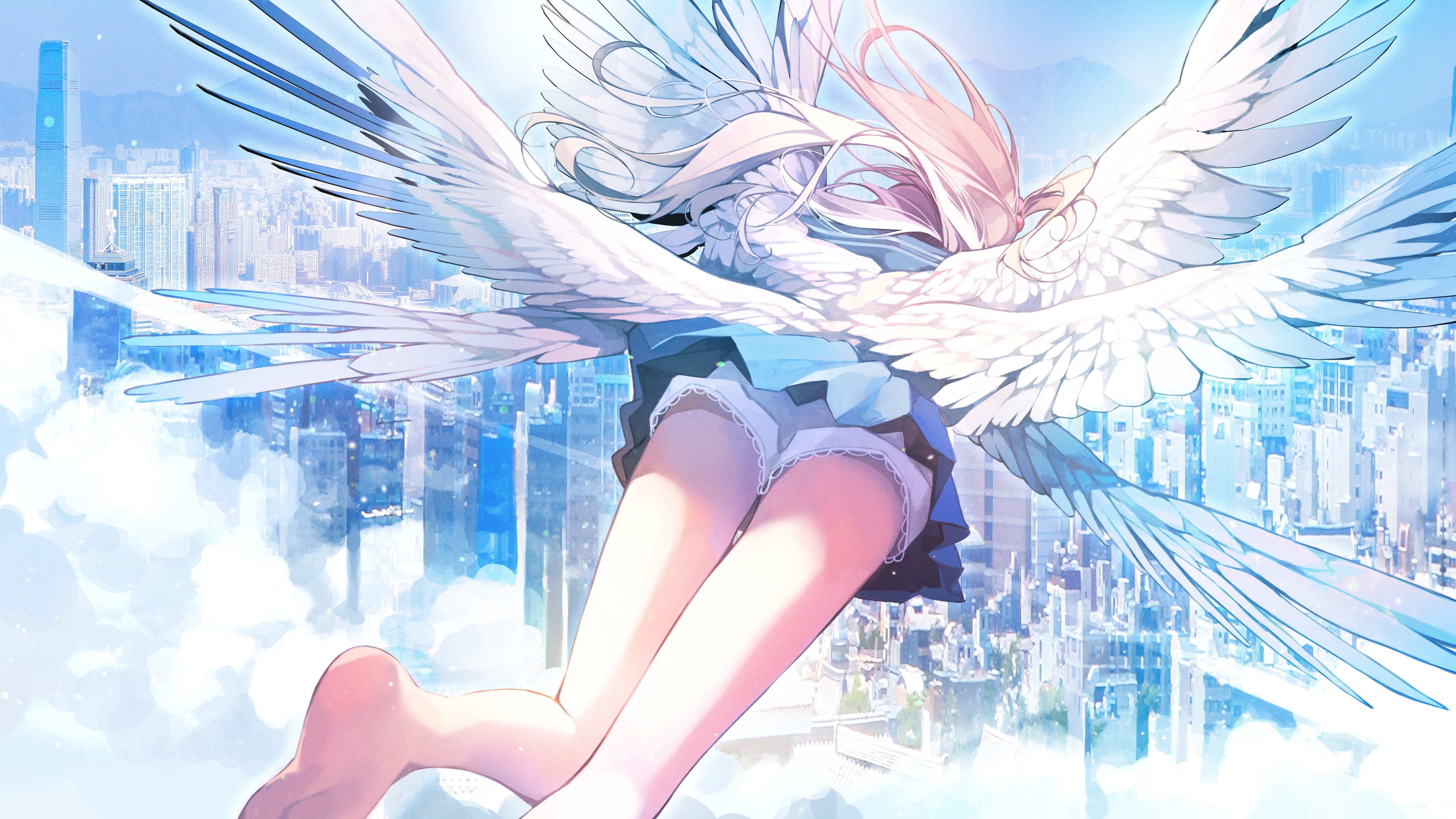 Anime 3500x1969 anime anime girls thighs legs wings flying angel cityscape fantasy art fantasy girl