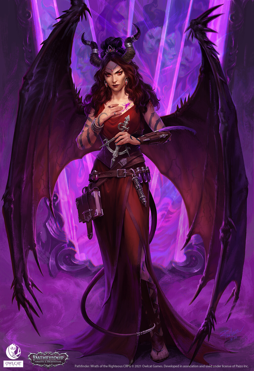 General 1027x1500 Anna Pavleeva artwork women fantasy girl fantasy art horns wings red dress red clothing long hair red eyes 2021 (year)