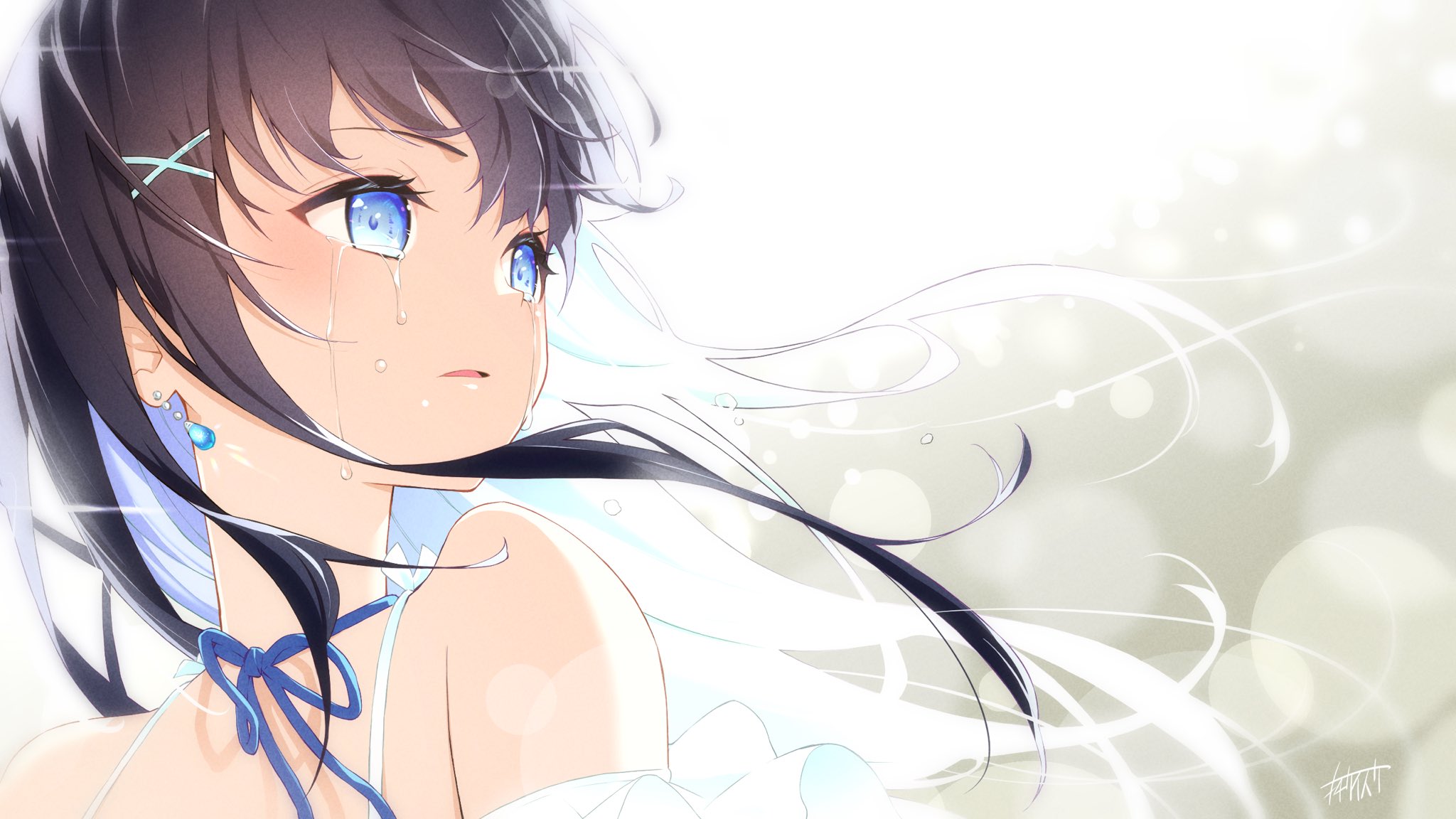 Anime 2048x1152 anime anime girls face sad tears crying brunette blue eyes white background simple background Virtual Youtuber artwork Keisuke Tochi