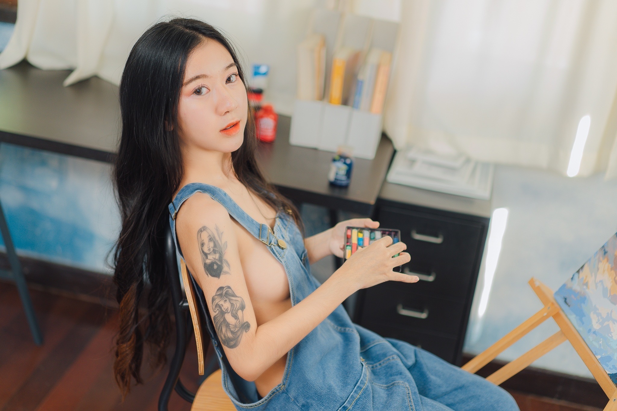 People 2048x1365 Asian women model photography tattoo jeans overalls jeans overalls