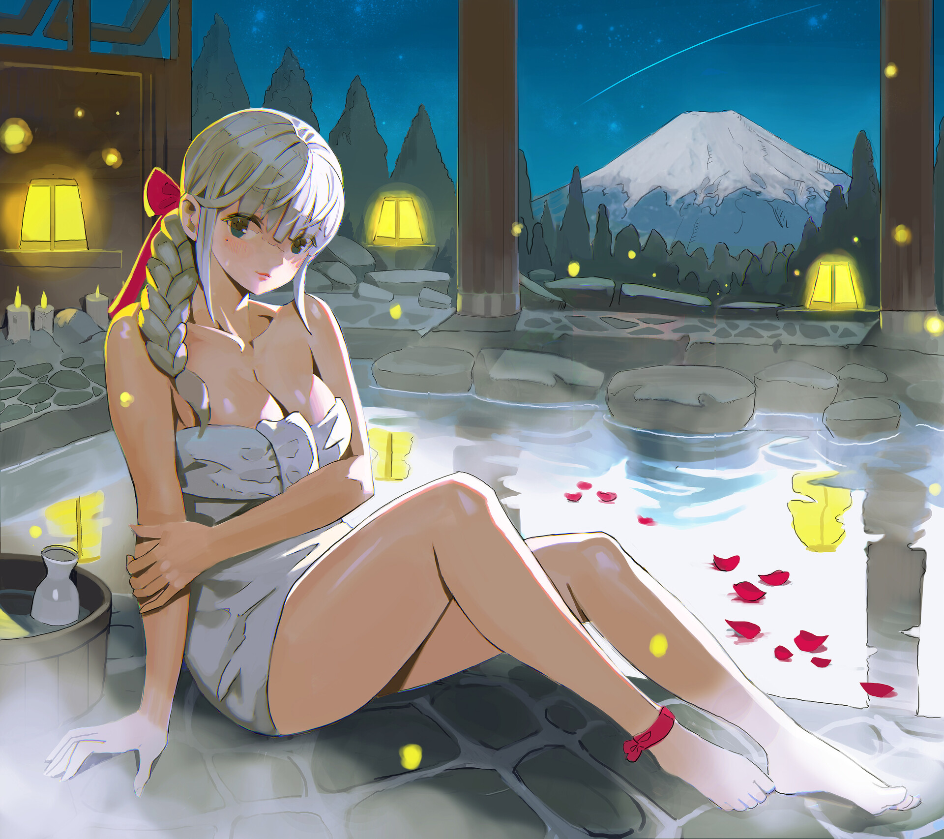 Anime 1920x1706 anime anime girls boobs cleavage thighs legs barefoot long hair green eyes looking at viewer sitting aruana sick hot spring