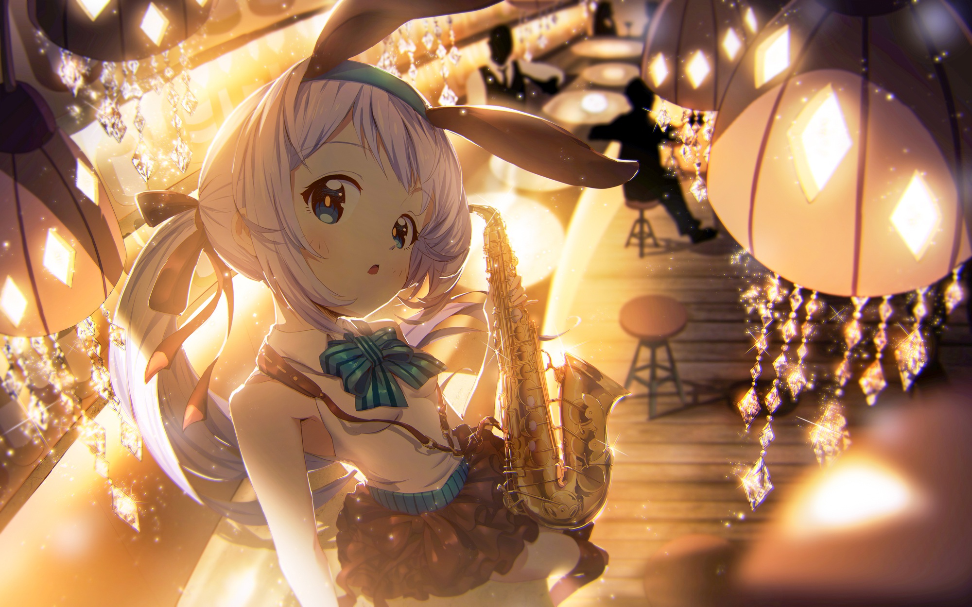Anime 2000x1250 Gochuumon wa Usagi Desu ka? Kafuu Chino saxophones musical instrument bunny ears long hair looking at viewer anime girls anime