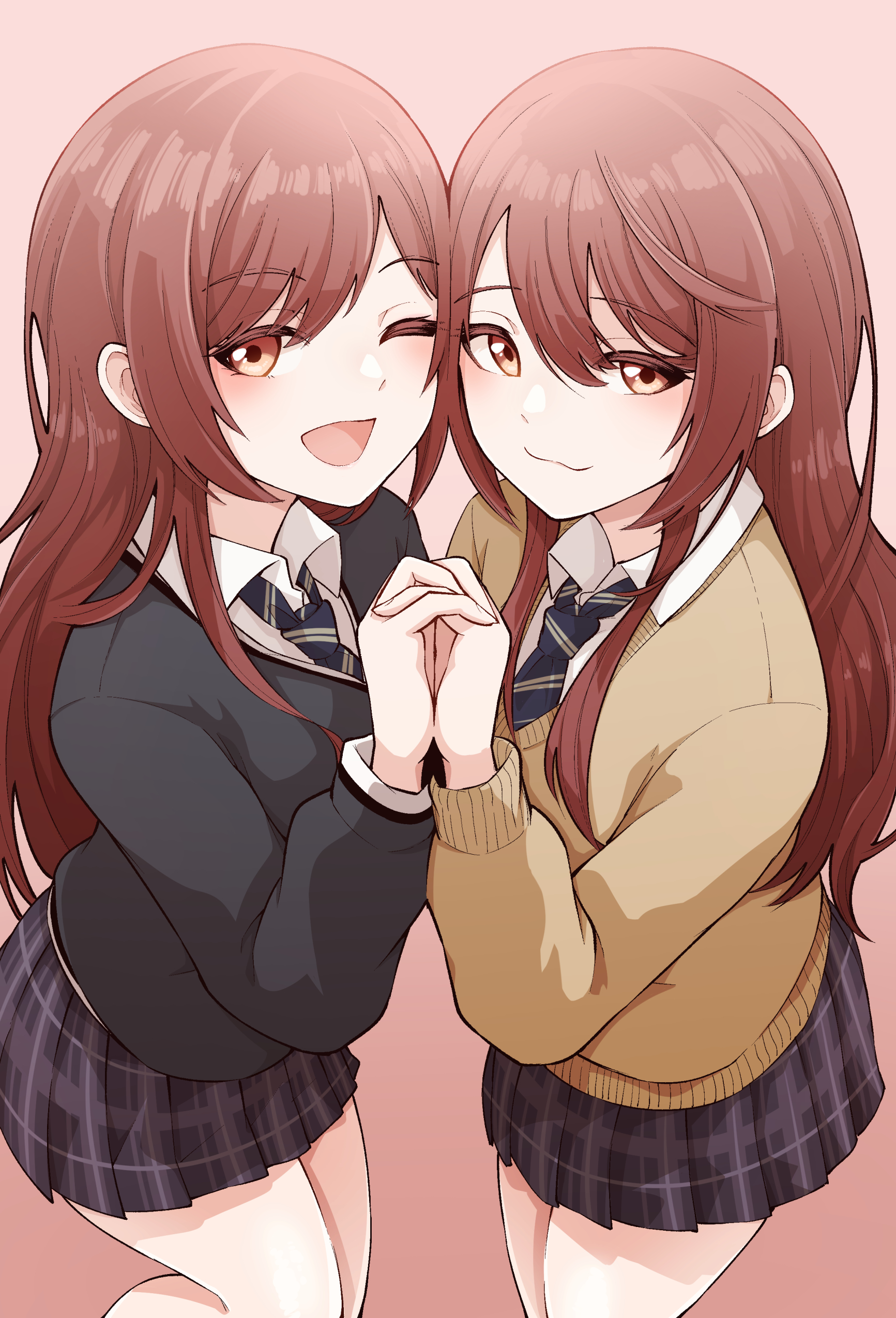Anime 1733x2549 anime anime girls school uniform THE iDOLM@STER THE iDOLM@STER: Shiny Colors twins long hair brunette Oosaki Amana Oosaki Tenka holding hands