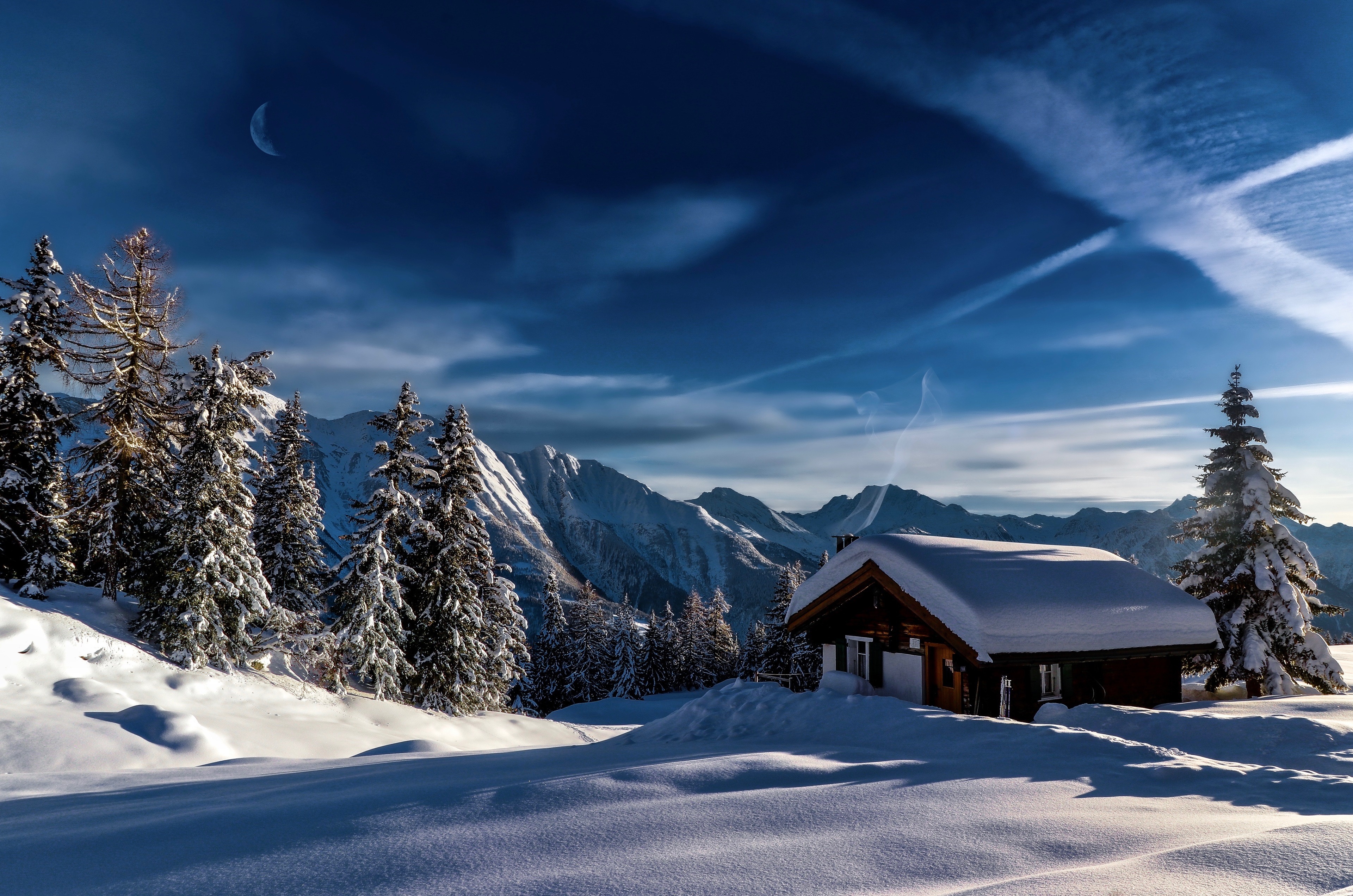 General 3840x2543 nature landscape winter snow sky clouds trees house