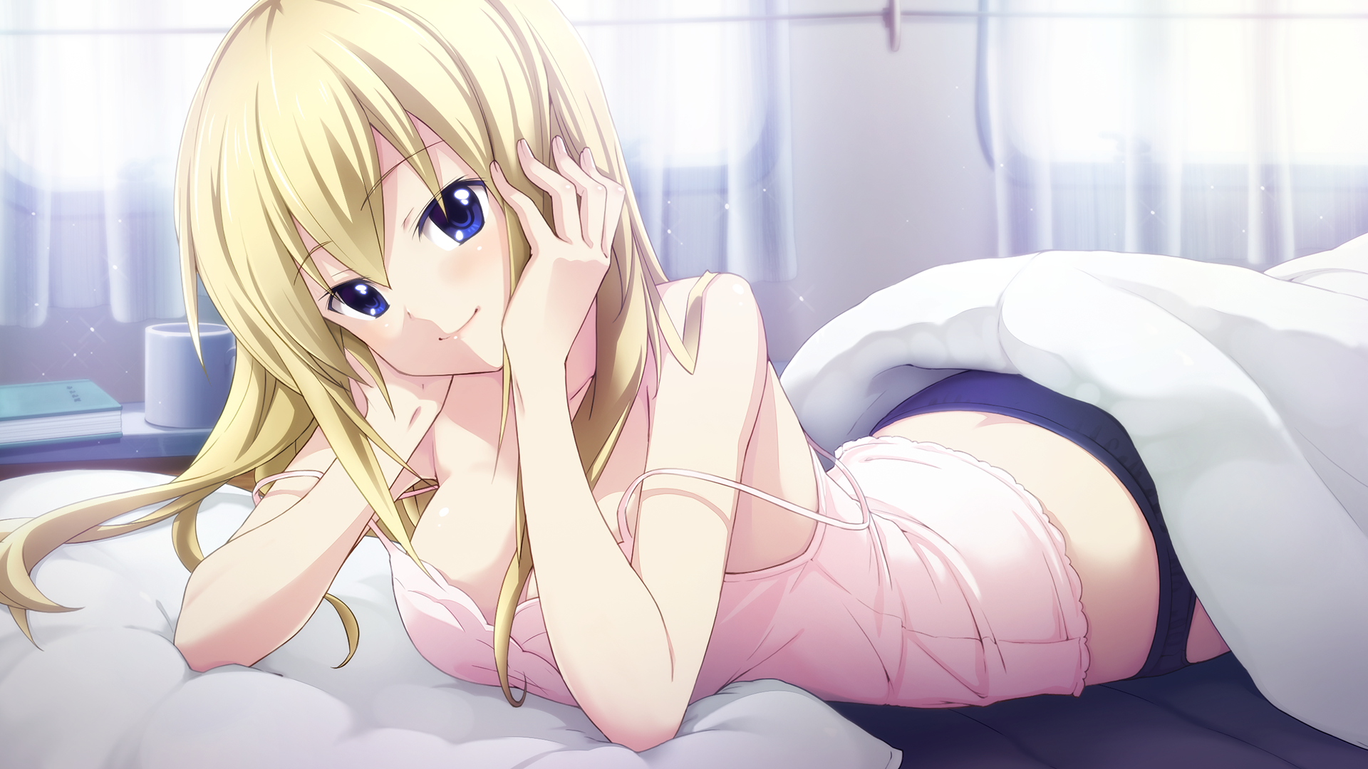 Anime 1920x1080 anime girls blonde blue eyes smiling camisole panties lying on front in bed artwork Sasaki Mutsumi bright Hinae Arimura Chaos;Child Love Chu Chu!! closed mouth long hair women indoors lying down