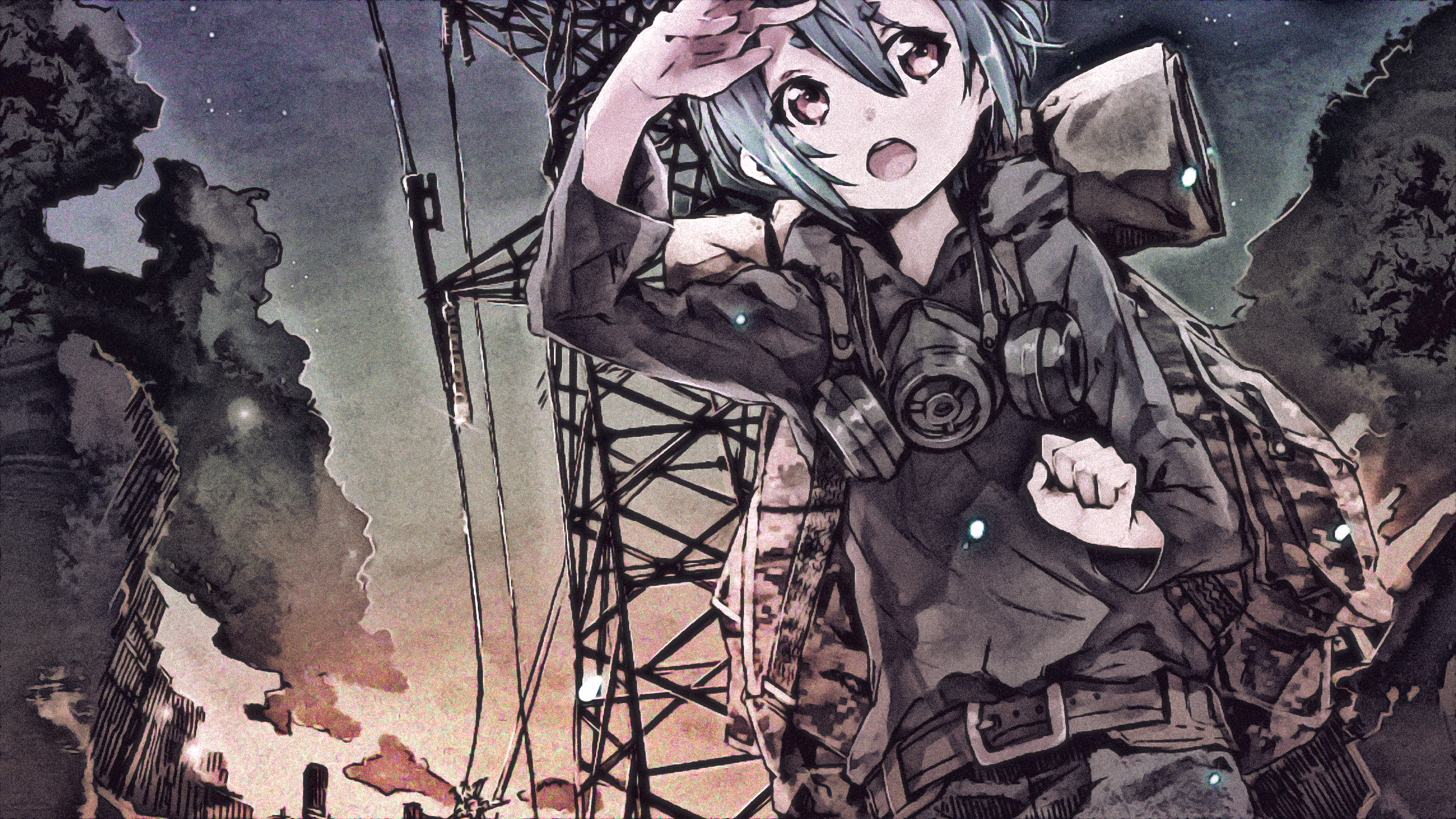 Anime 2560x1440 apocalyptic power lines clouds orange sky night gas masks backpacks red eyes blue hair camouflage belt stars
