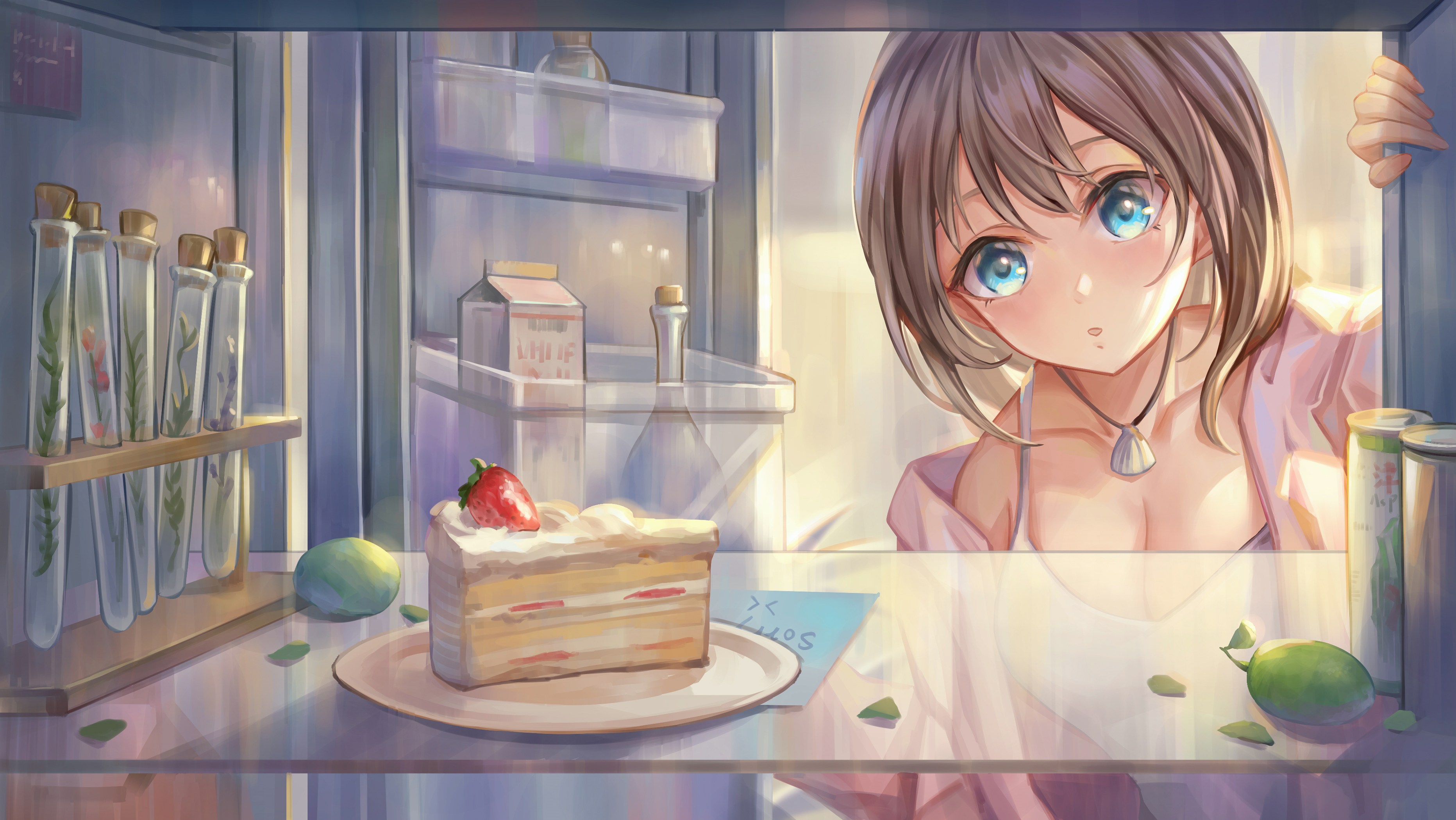 Anime 3727x2100 anime anime girls original characters artwork Yahiro fridge cake brunette blue eyes