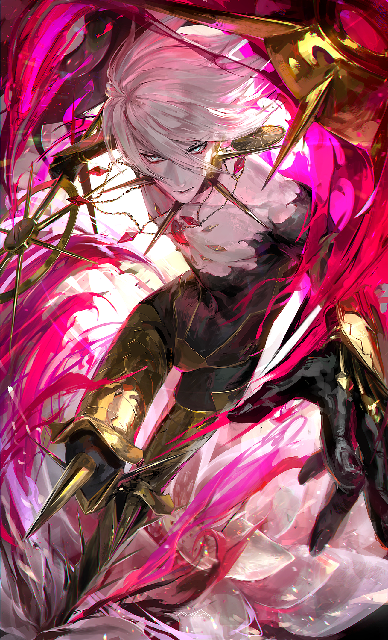 Anime 1297x2137 Fate/Apocrypha  Fate series armor anime boys torn clothes pale fantasy armor fantasy weapon jewelry 2D biceps belly thighs blue eyes anime Lancer of Red / Karna (Fate/Apocrypha) silver hair short hair portrait display Fate/Grand Order