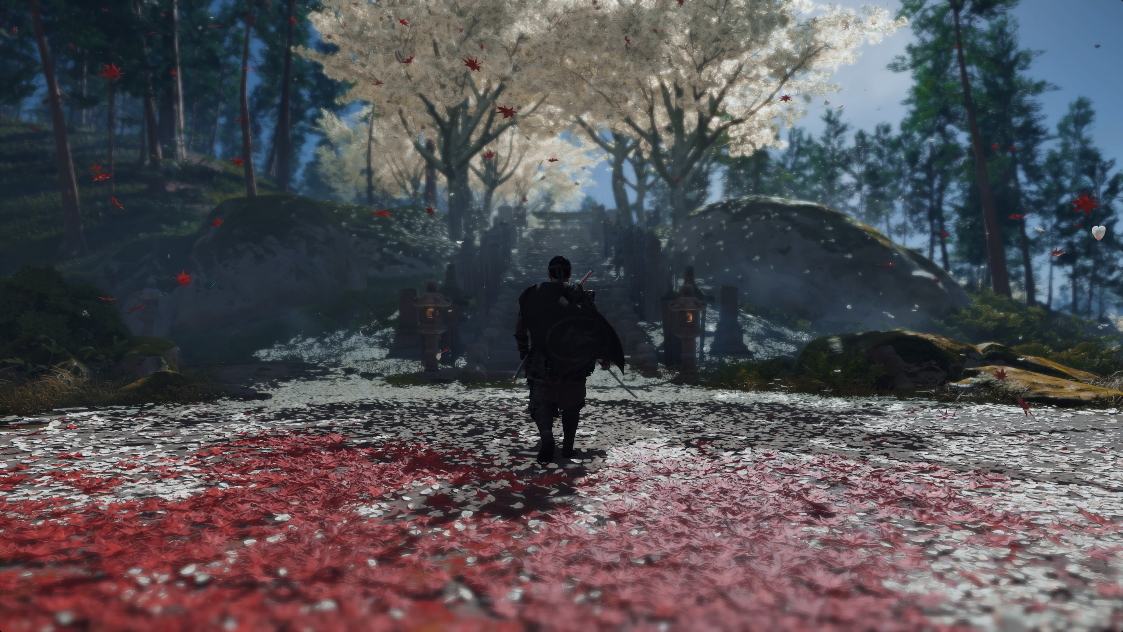 General 3840x2160 samurai Ghost of Tsushima  PlayStation 4 video games PlayStation Activision Sucker Punch Productions video game characters CGI video game art screen shot standing trees hills path