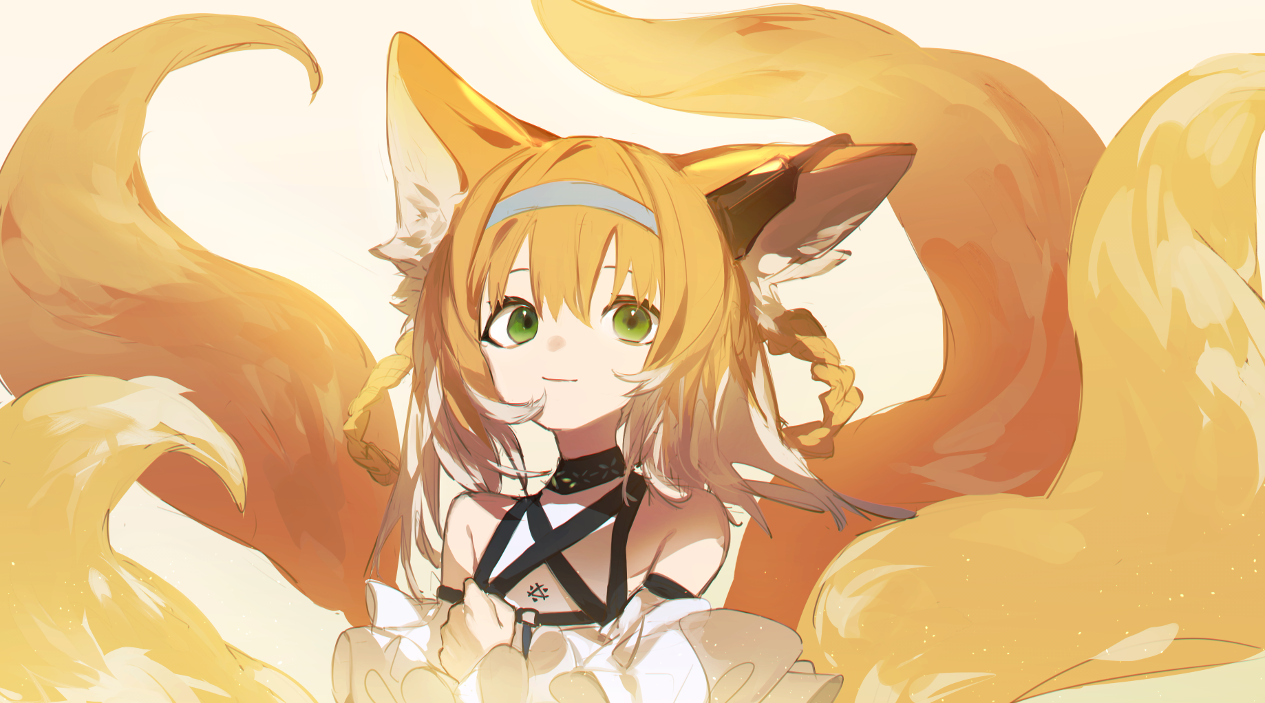 Anime 1838x1022 anime anime girls simple background Arknights Aonogura fox ears fox tail fox girl green eyes blonde animal ears tail