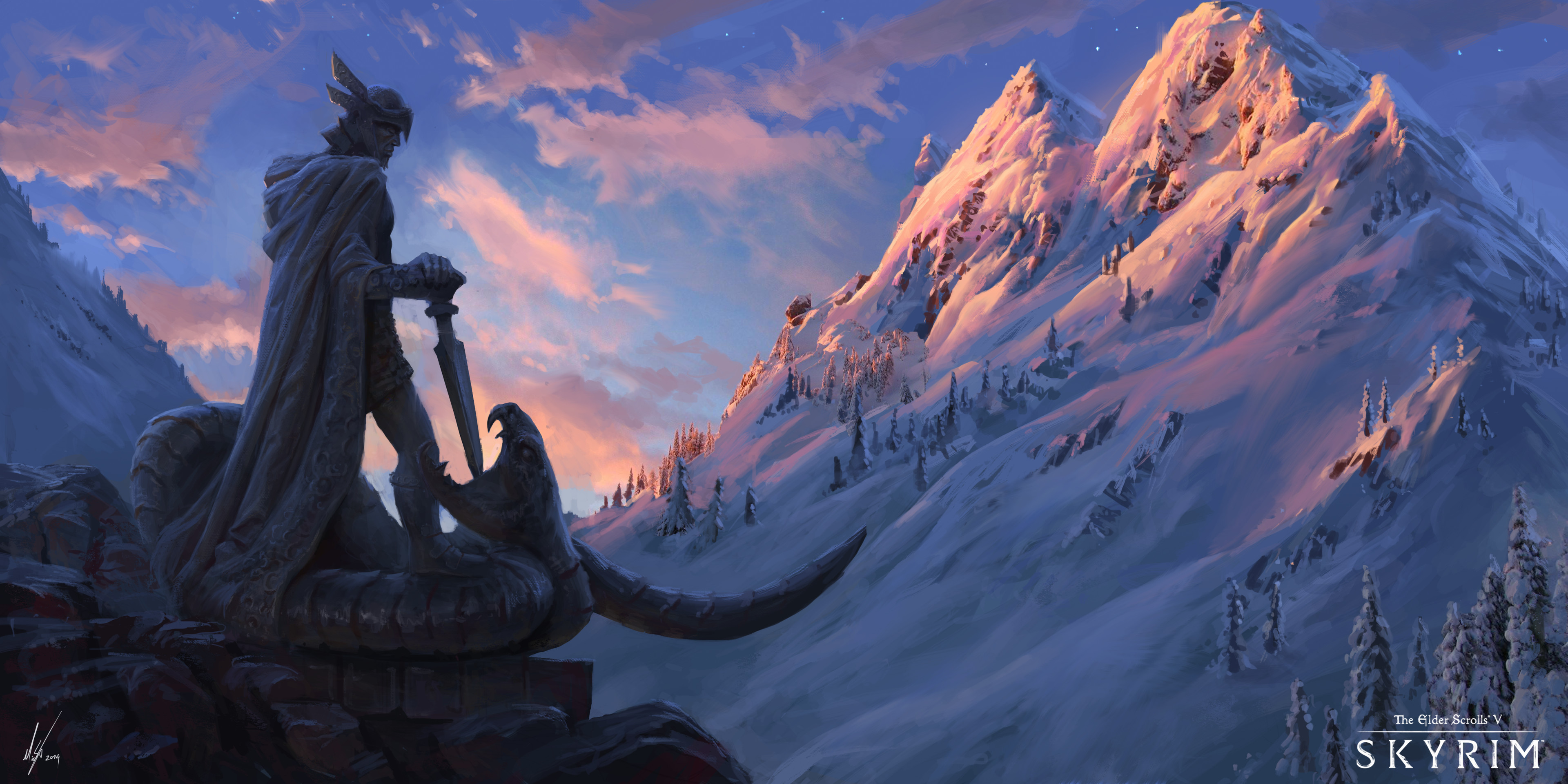 General 3840x1920 The Elder Scrolls V: Skyrim snow covered mountains digital art digital painting fan art artwork video game art landscape Talos