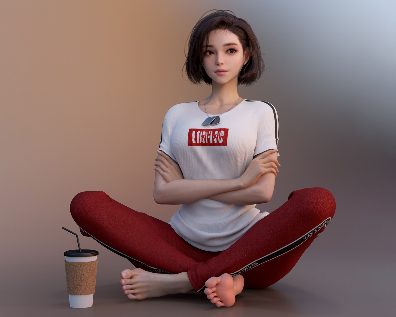 General 1350x1080 women barefoot looking into the distance sitting digital art arms crossed legs crossed Shin JeongHo Asian simple background cup T-shirt looking away gradient short hair brunette dog tag casual short sleeves closed mouth collarbone minimalism CGI